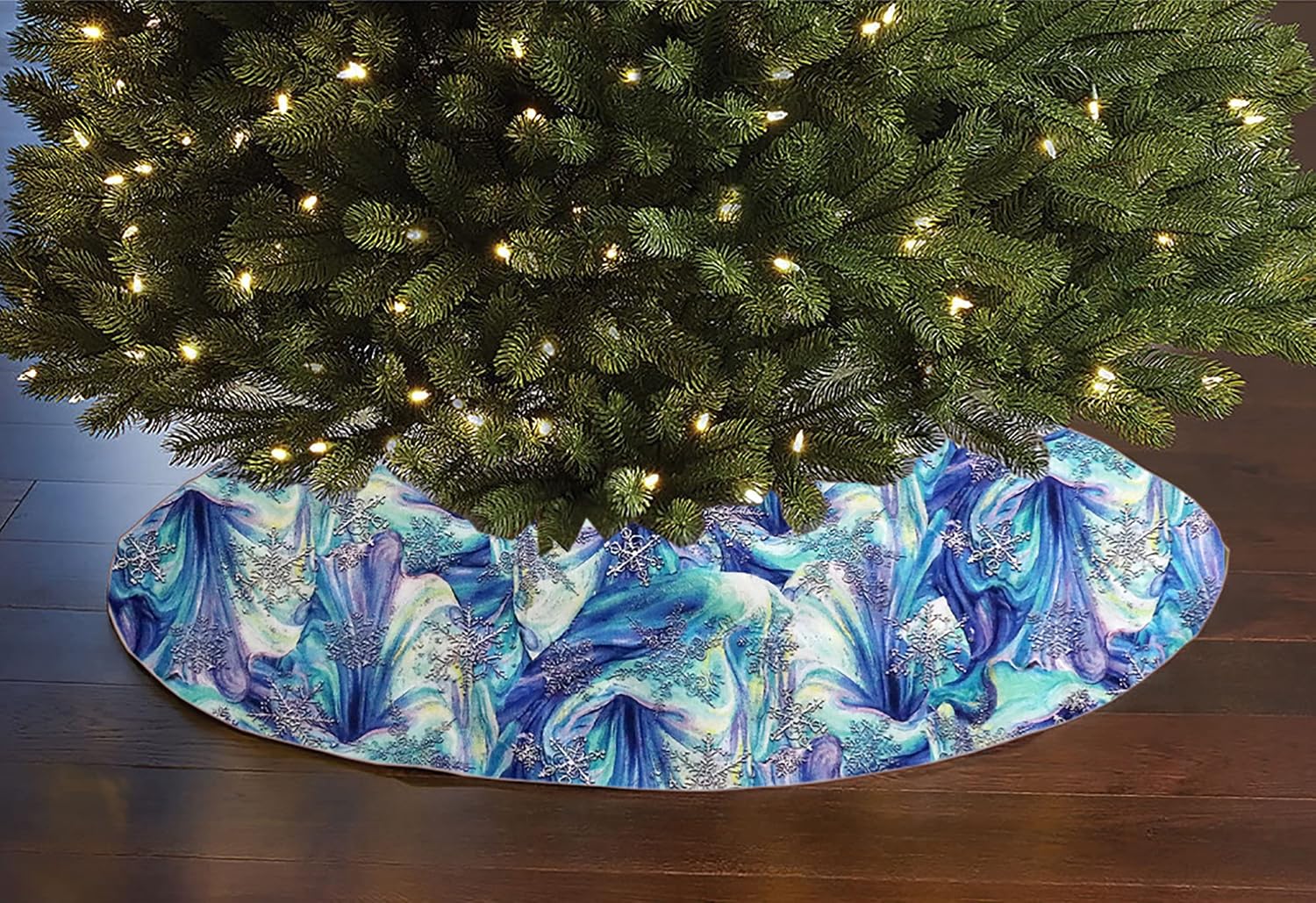 lovemyfabric Cotton Print Holiday Tree Skirt 42" Round Winter Themed Prints (Fireworks on Blue)