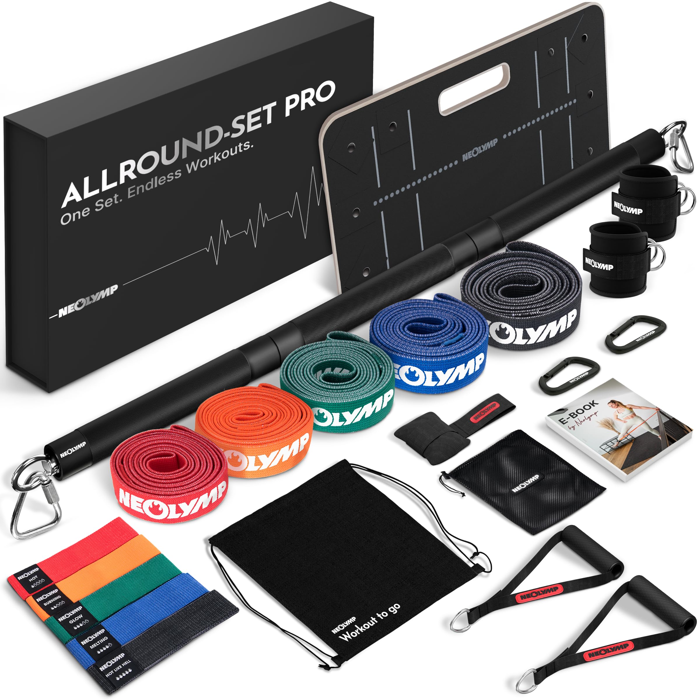 NEOLYMP Lange Fitnessbänder Stoff mit Fitness Zubehör - waschbare Resistance Bands, Widerstandsbänder, Gymnastikband, Fitnessband, Trainingsbänder, Klimmzugbänder (Allroundset Pro)
