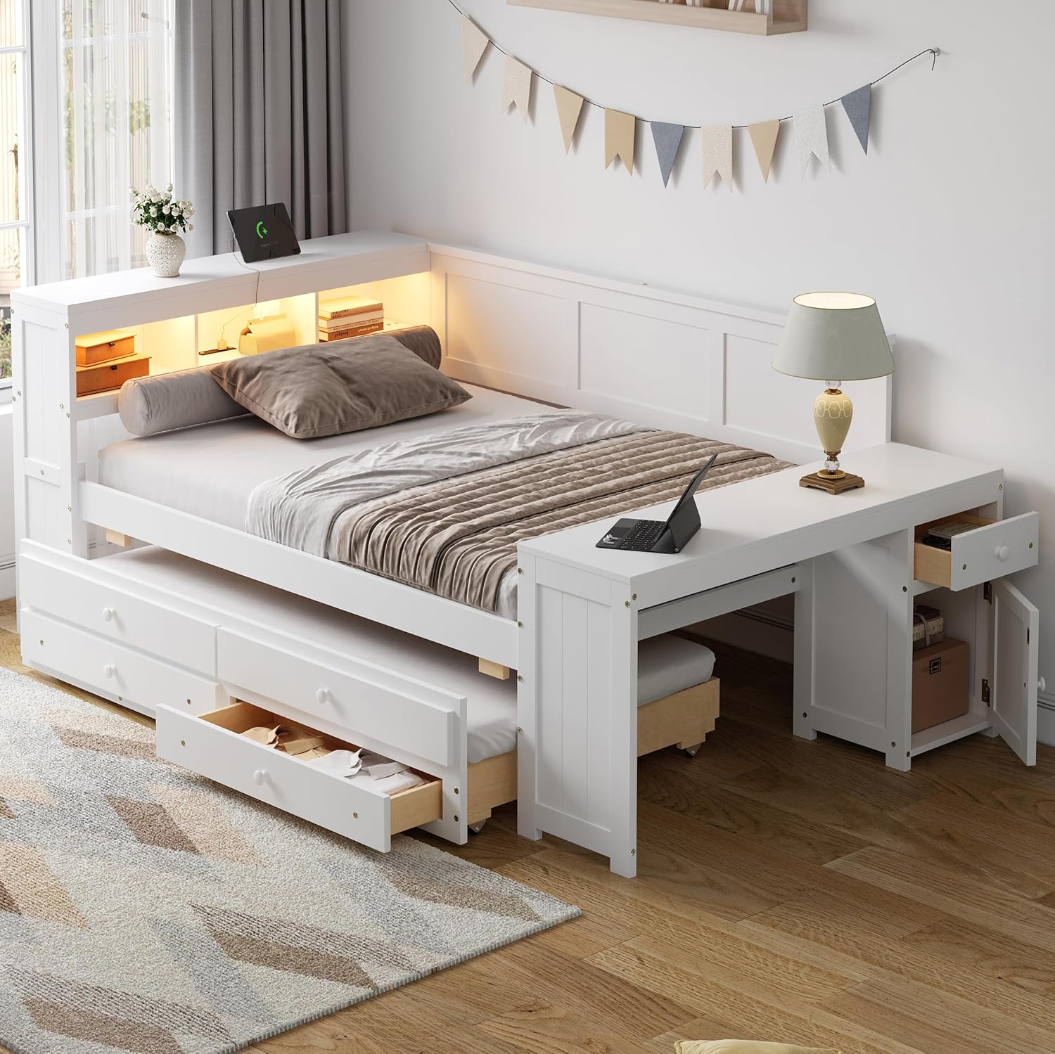 Bellemave Full Size Daybed with Storage Drawers and Twin Trundle, Wood Day Bed Frame with Charging Station, LED Light,Desk, Cabinet and Shelves, No Box Spring Needed, Gray