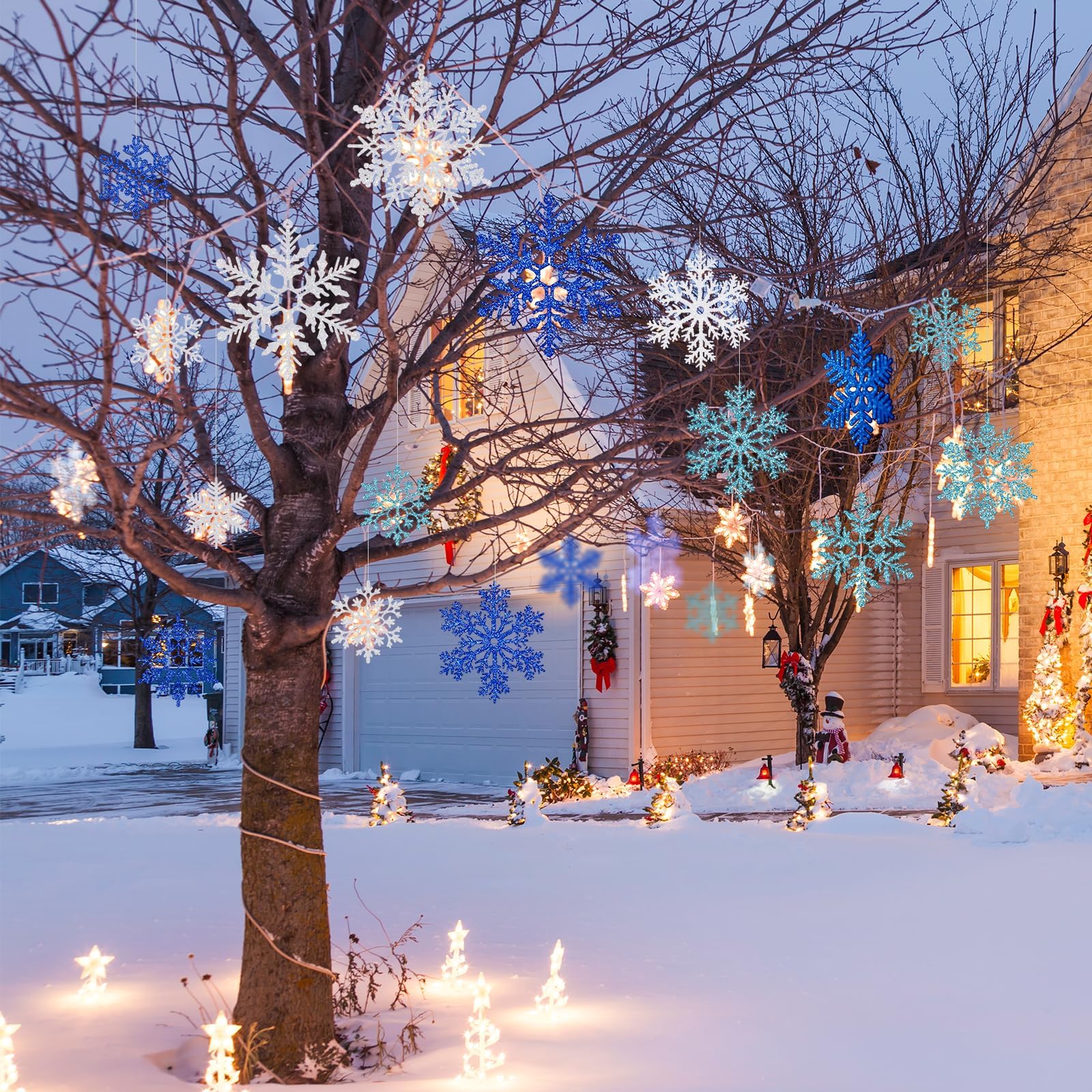 6 Stück 40 cm große Schneeflocken-Dekorationen – riesige hängende Schneeflocken, Kunststoff-Schneeflocken für Innen- und Außenbereich, Weihnachtsdekoration, Veranda- und Baumschmuck (weiß, blau,
