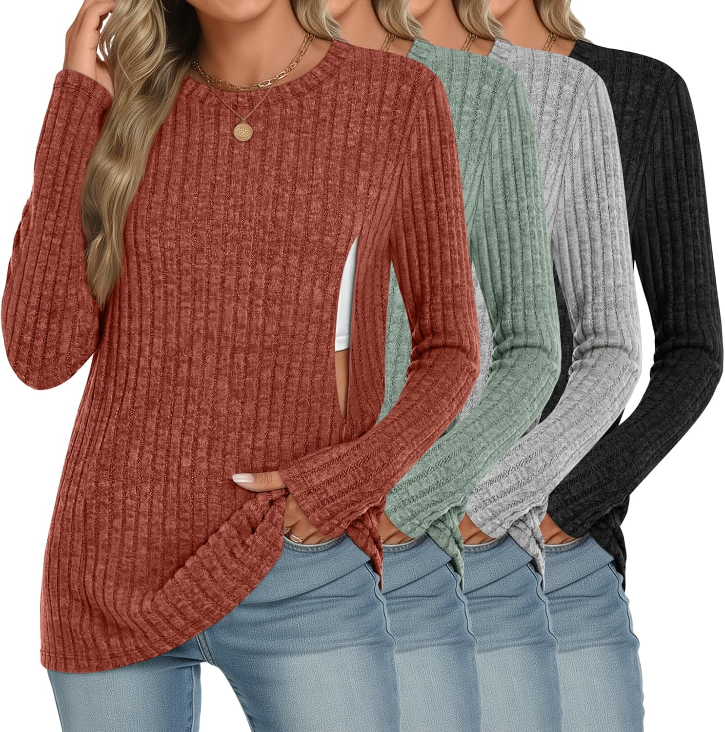 Velvelhall 4 Pack Women Nursing Shirts Breastfeeding Long Sleeve Tops Thermal Sweaters with Hidden Zipper Ribbed Maternity