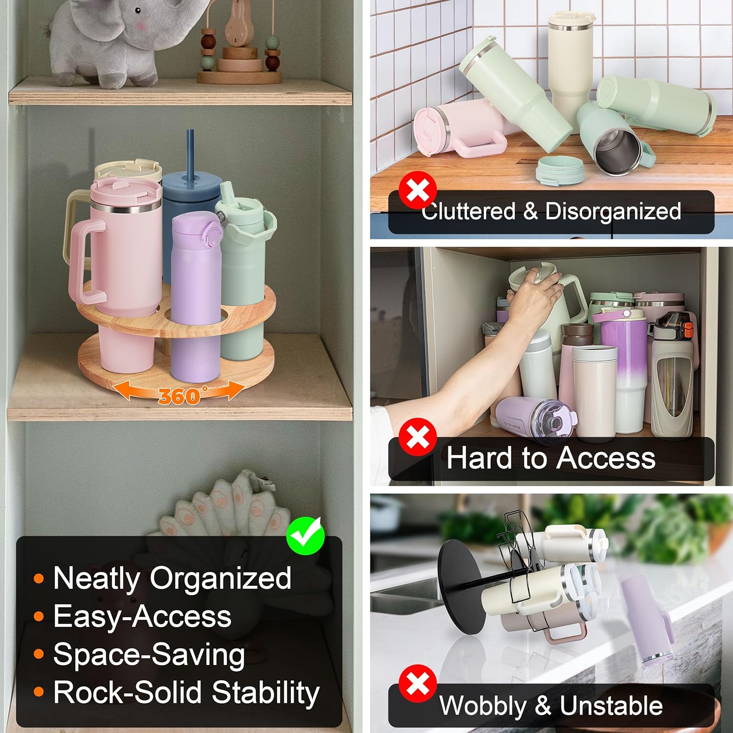 MyLifeUNIT Water Bottle Organizer for Stanley Cups 40oz/30oz/20oz, 360° Rotating Wooden Tumbler Organizer, Stanley Cup Holder for Cabinet Storage (Yellow) - Image 8