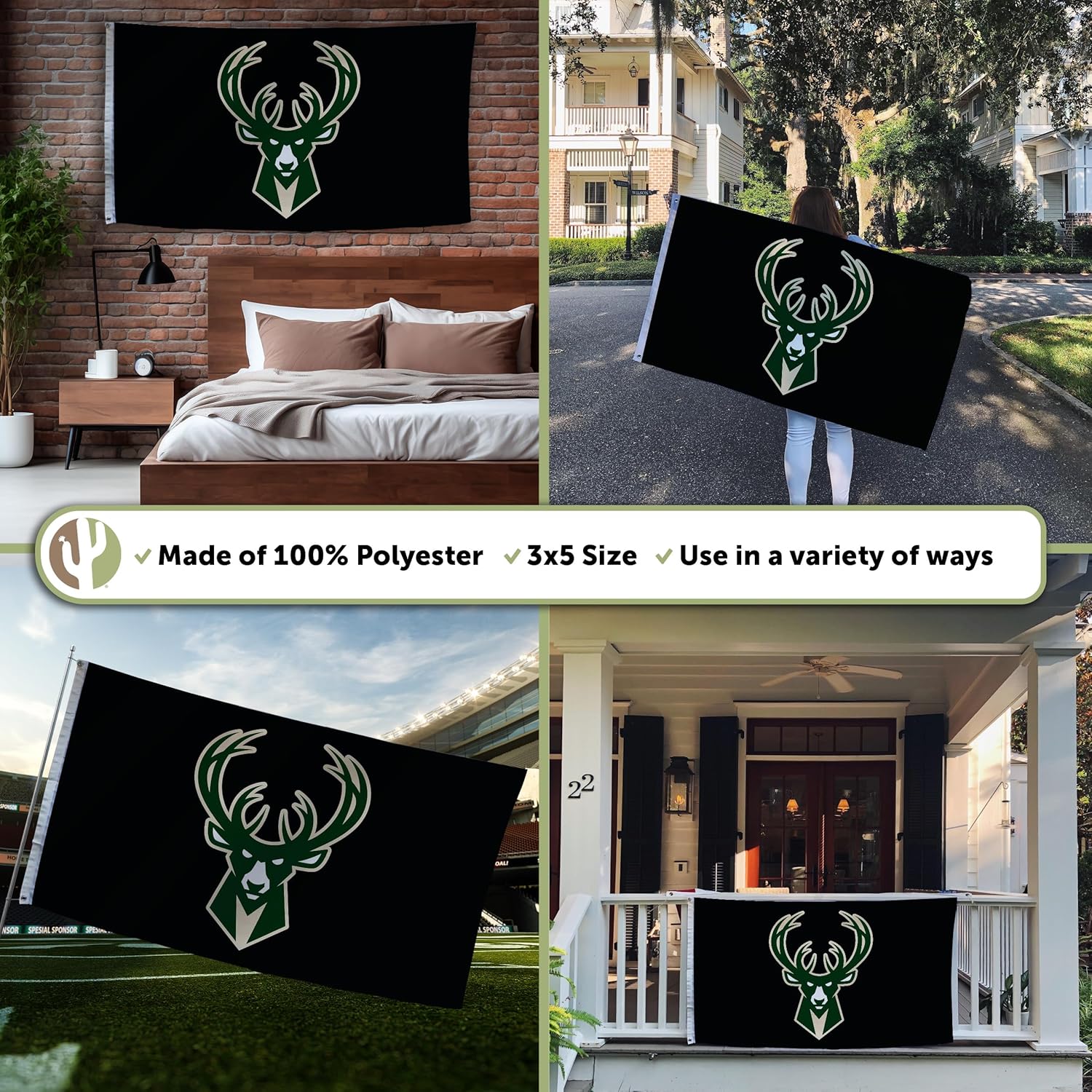 Desert Cactus Milwaukee Bucks Flags Team NBA National Basketball Association 100% Polyester Indoor Outdoor 3x5 feet Flags (Flag C) - Image 3