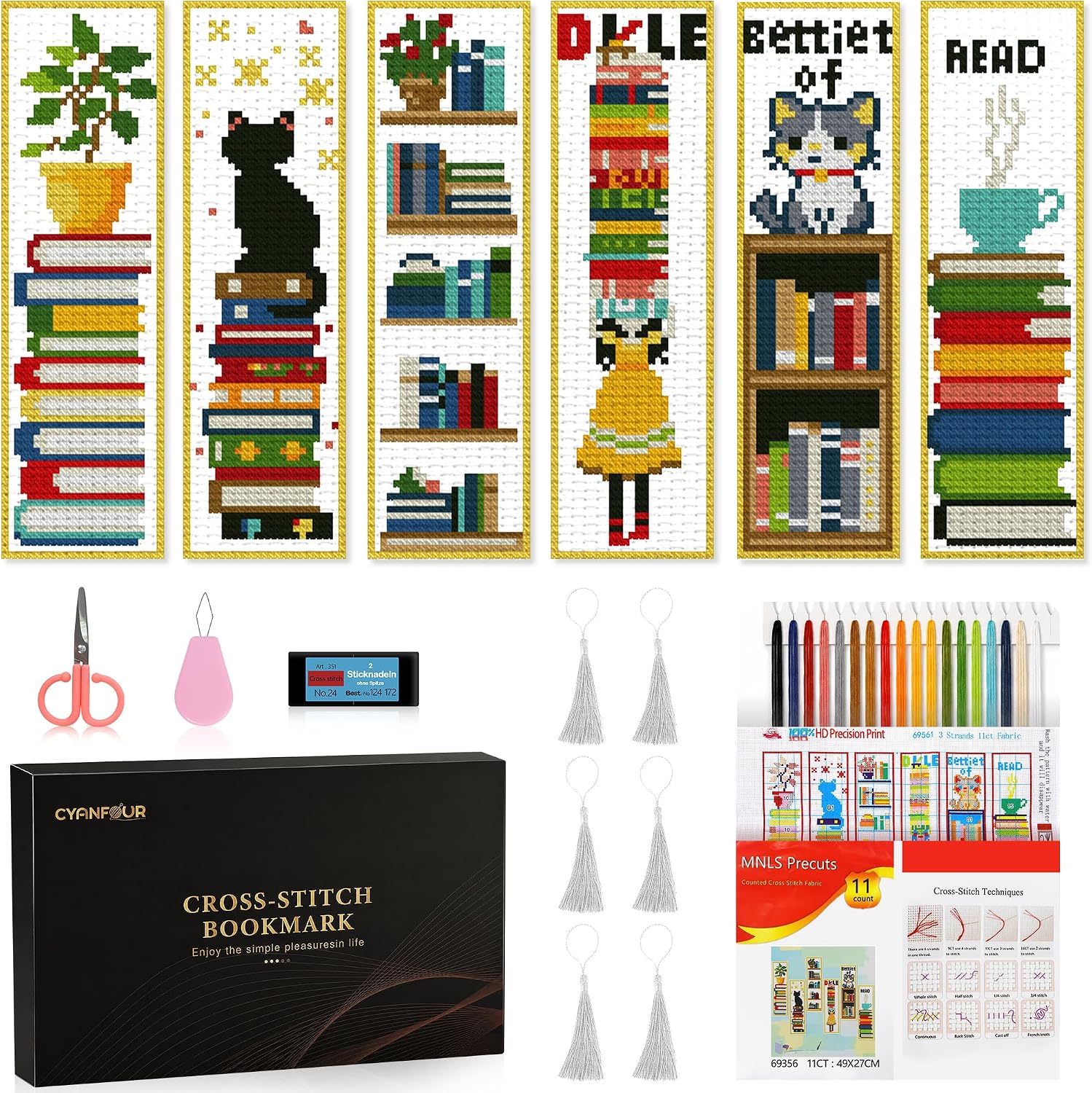 CYANFOUR 6 Pcs Cross Stitch Bookmark Kit for Beginners
