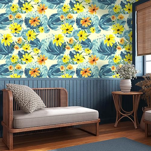 VaryStyle Papel tapiz floral de 17.7 x 118 pulgadas, papel tapiz de acuarela con margaritas, papel de contacto floral beige con hojas azules, papel