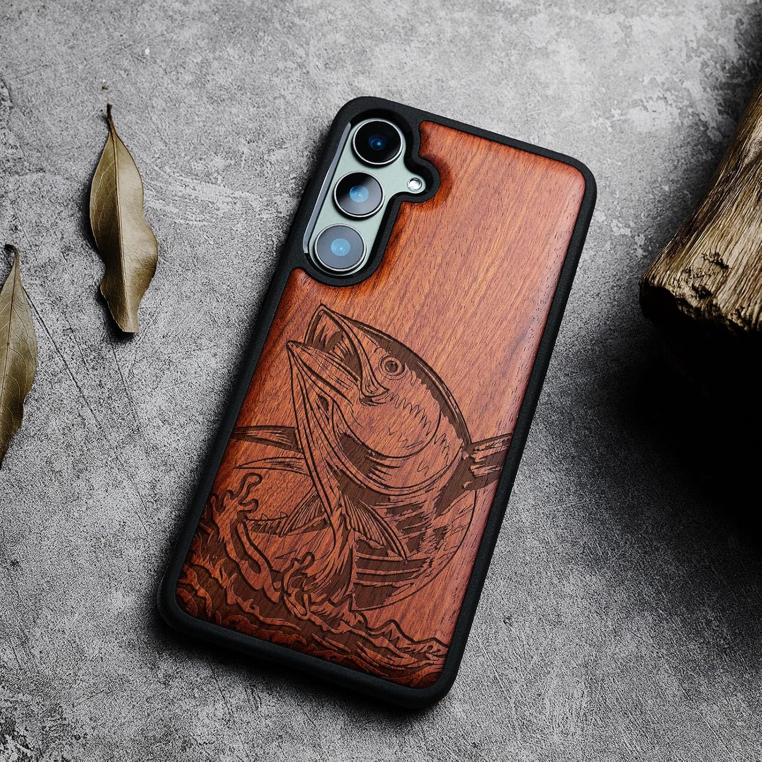 Carveit Wood Case for Galaxy S23 FE Case [Natural Wood & Black Soft TPU] Shockproof Protective Cover Unique Wooden Design Compatible with S23 FE (The Tuna's Soar-Rosy)