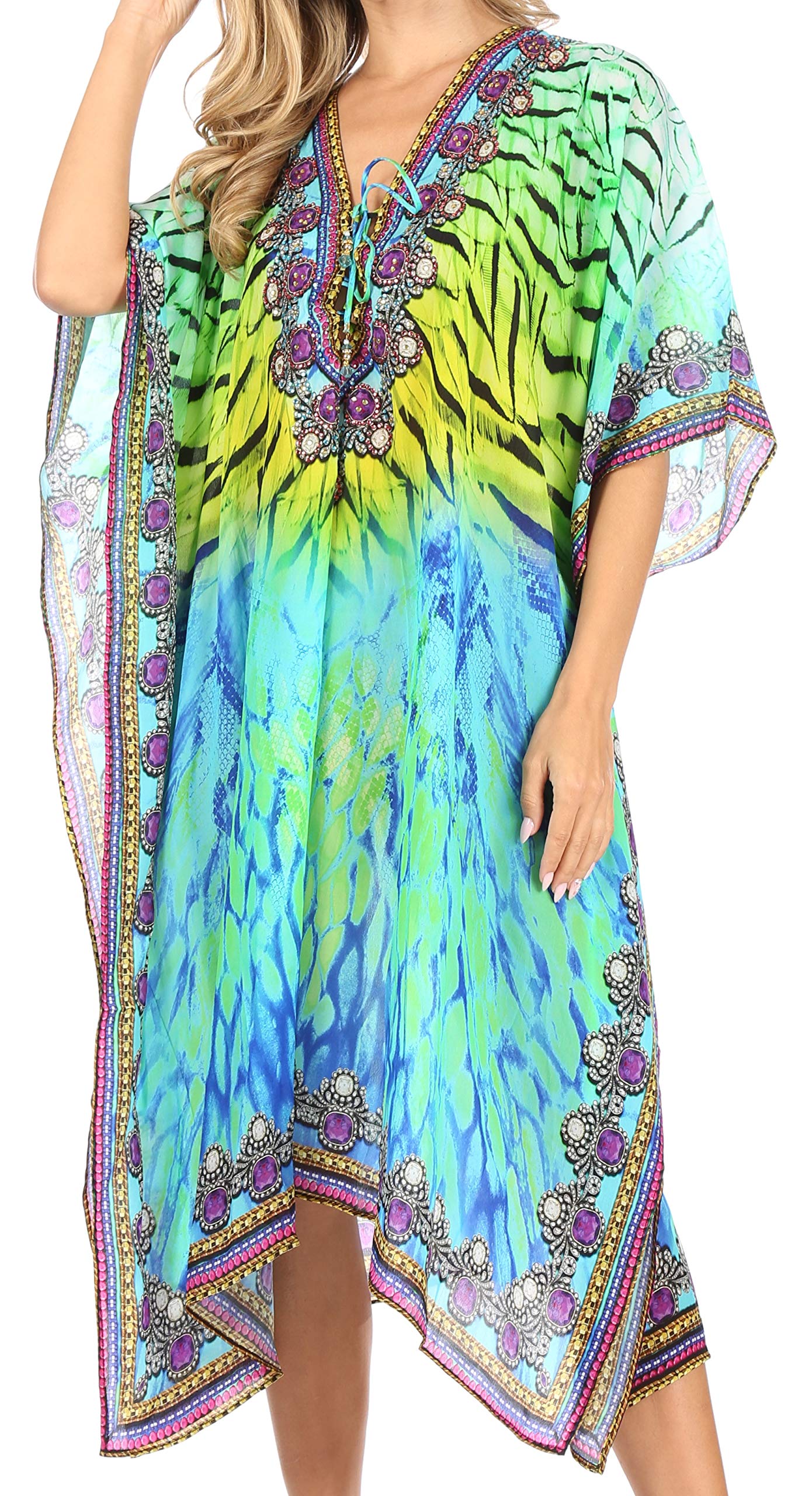 Sakkas Kristy Long Tall Lightweight Caftan Dress/Cover Up with V-Neck Jewels