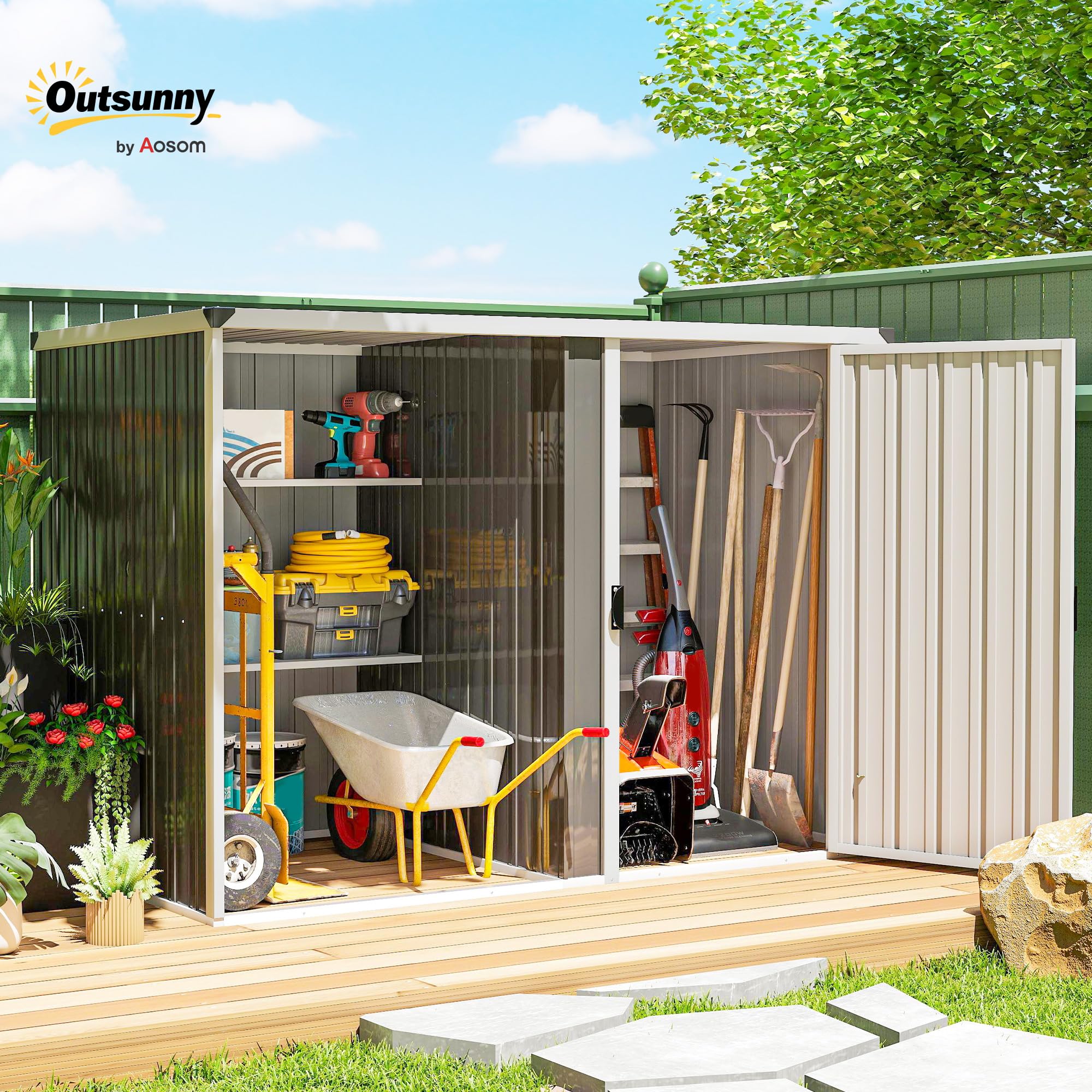 Outsunny Casetta da Giardino 2.7m² in Acciaio Zincato Design Layout Diviso con 2 Ripiani, Capanno da Giardino Porta Attrezzi con Porta Bloccabile, Chiavi, Tetto Inclinato, Guanti, Grigio Scuro