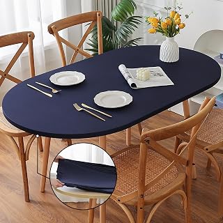 Fitted Spandex Oval Tablecloth, Soft Skin Friendly Non Pilling Breathable Fabric Table Cover with Elastic Band for Dining Gathering Party Banquet Decoration 42 x 60 Inch Navy Blue