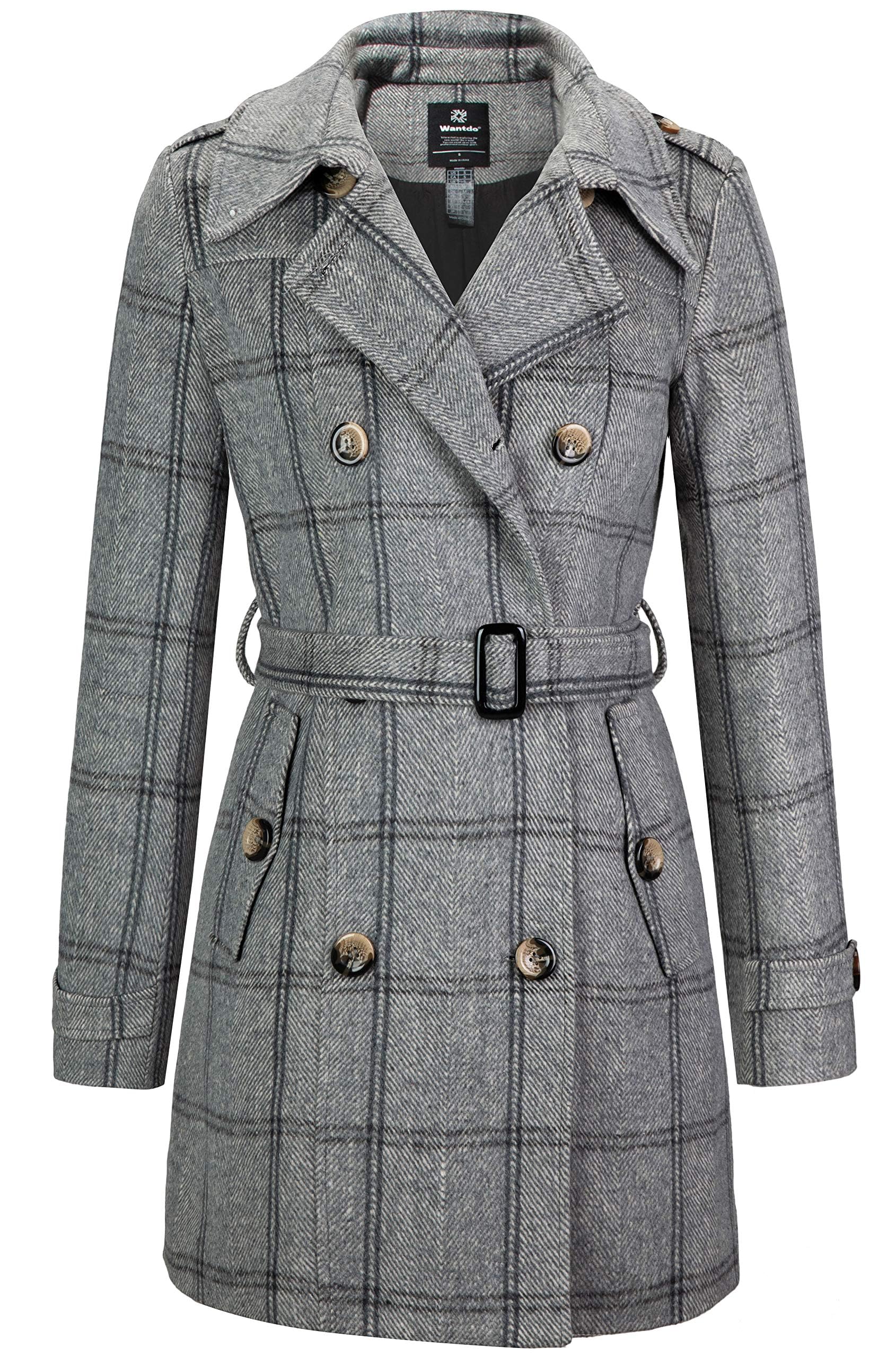 Wantdo Damen Winterdicke Jacken Warme Winddicht Jacke Wollmischung Erbsenmäntel Zweireihige Mittellange Mäntel Slim Fit Cabanjacke mit Schulterklappen