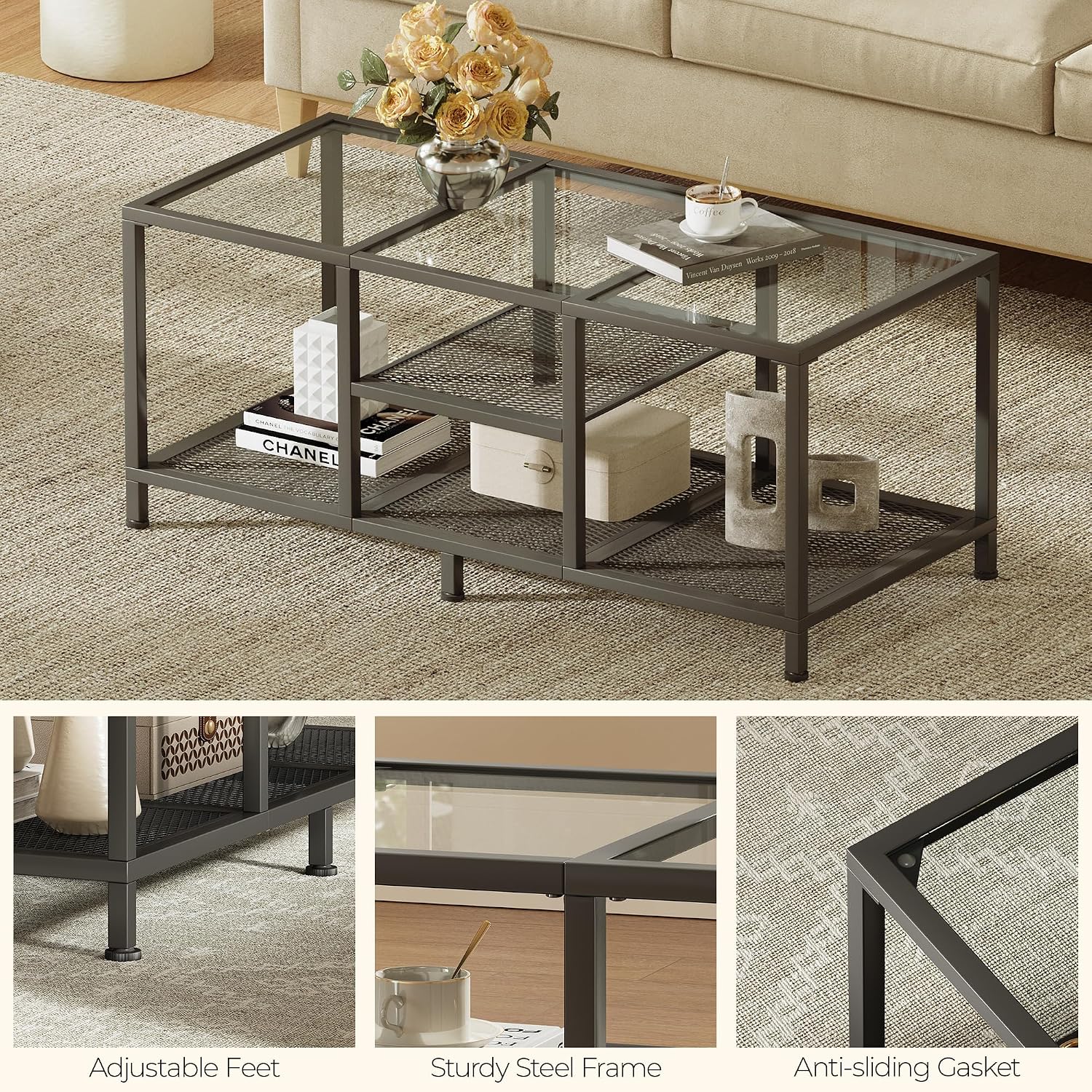 Glass Coffee Table, Minimalist Center Table for Living Room | Modern Coffee Table with Metal Frame & Open Storge, Easy Assembly, Coffee Tables for Small Space, 34.3" x 19" x 15.4", Black