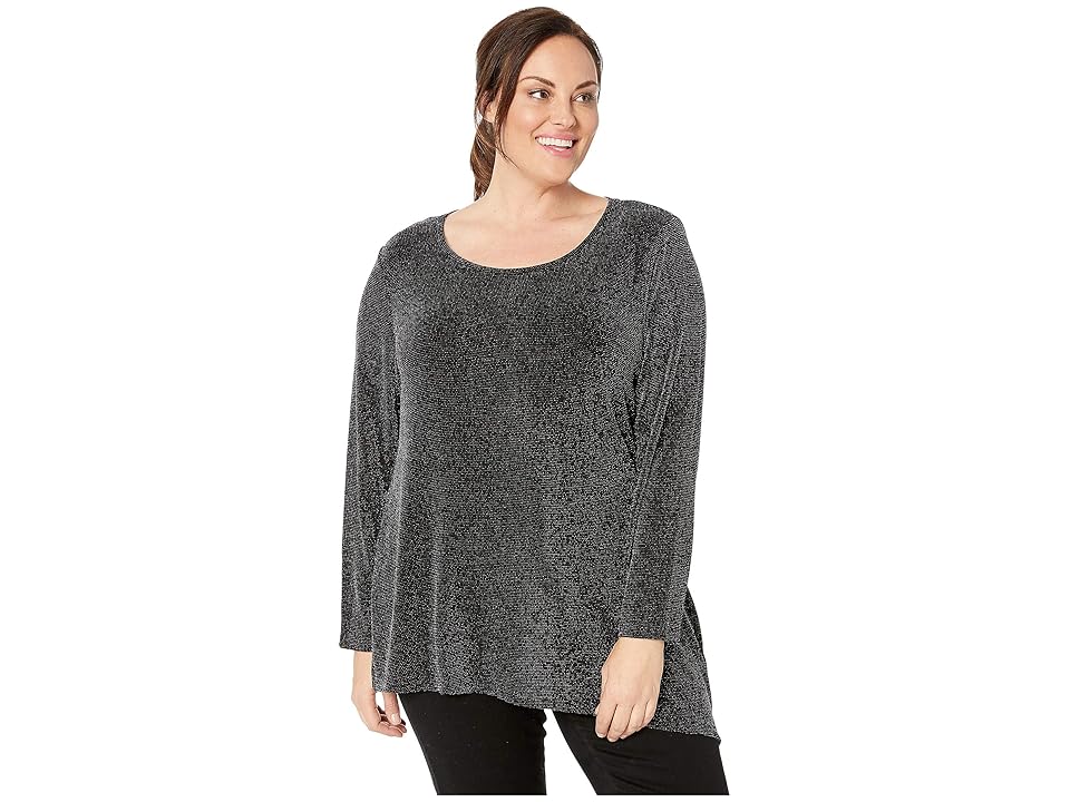 

Calvin Klein Plus Plus Size Long Sleeve Asymmetric Metallic Top (Black/Silver) Women's Clothing