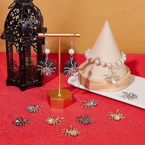 Miniatura 4 de SUNNYCLUE 1 caja de 18 dijes de araña de estilo gótico para Halloween, dijes de resina con diamantes de imitación, imitación de ojo de gato, dijes