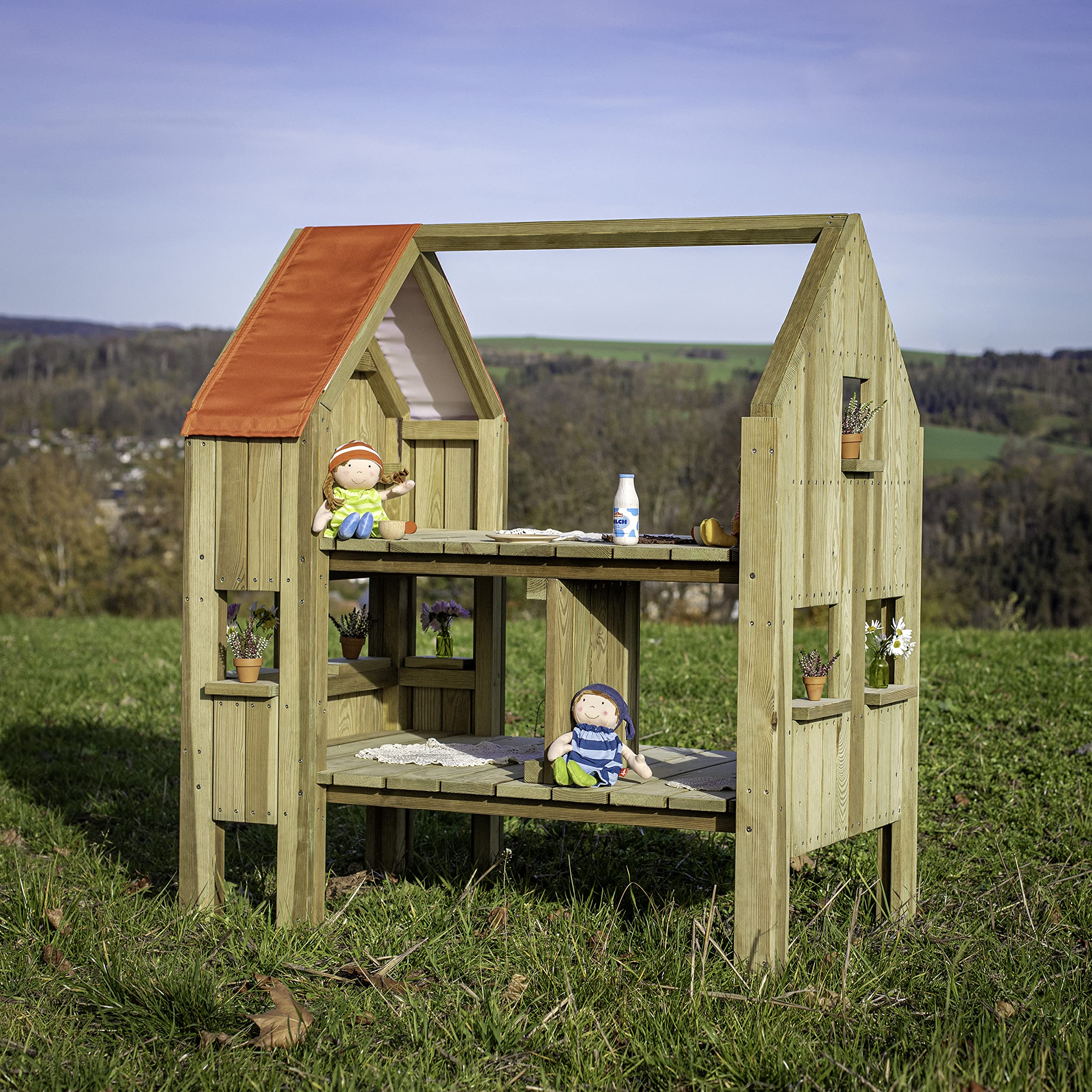 Erzi 10041 Puppenhaus Outdoor aus Holz, für Kinder | zum Spielen im Garten, Rollenspiele, Kreative Spielwelten gestalten