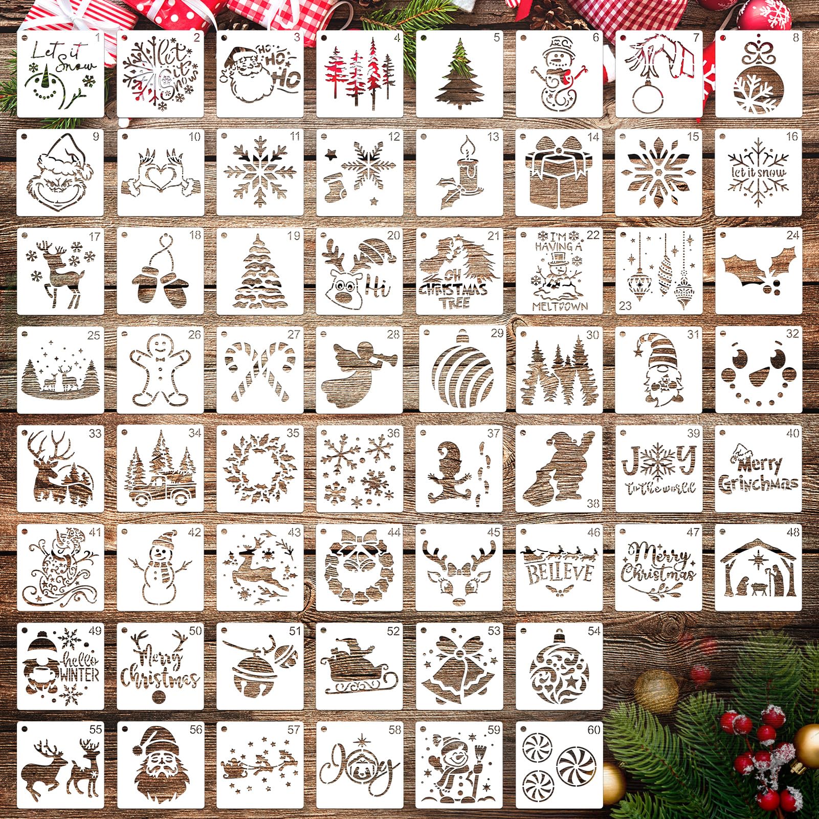 MWOOT 60 Pieces Christmas Stencils for Painting on Wood- Reusable Christmas Stencils for Crafts, Holiday Drawing Templates for Canvas, Wall, Xmas Tree Ornaments & DIY Home Decor, 7.6x7.6cm