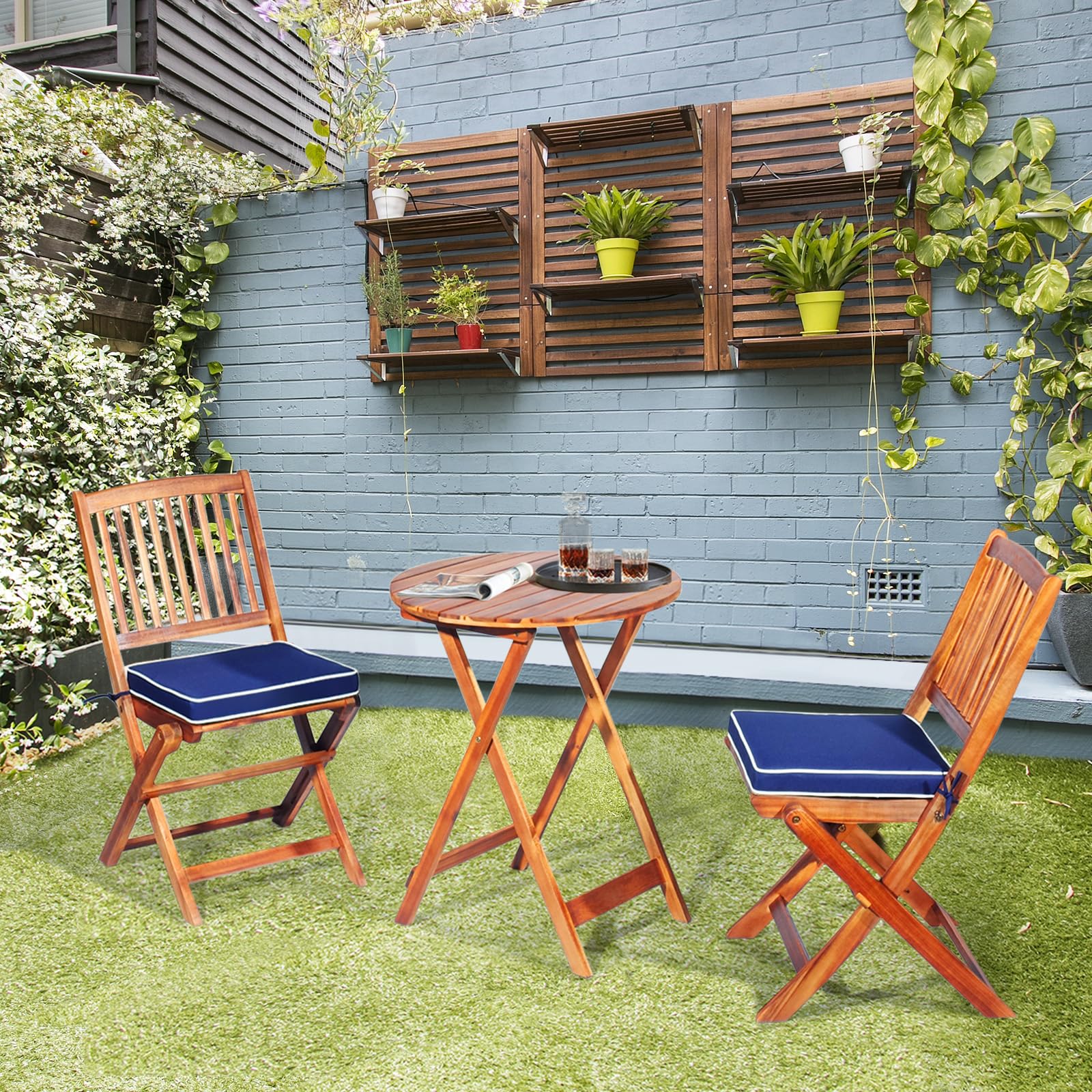 Salon de Jardin en Bois d'Acacia 2 Personnes, Ensemble de Meubles Pliables 3 Pièces (Coussins Bleu foncé)