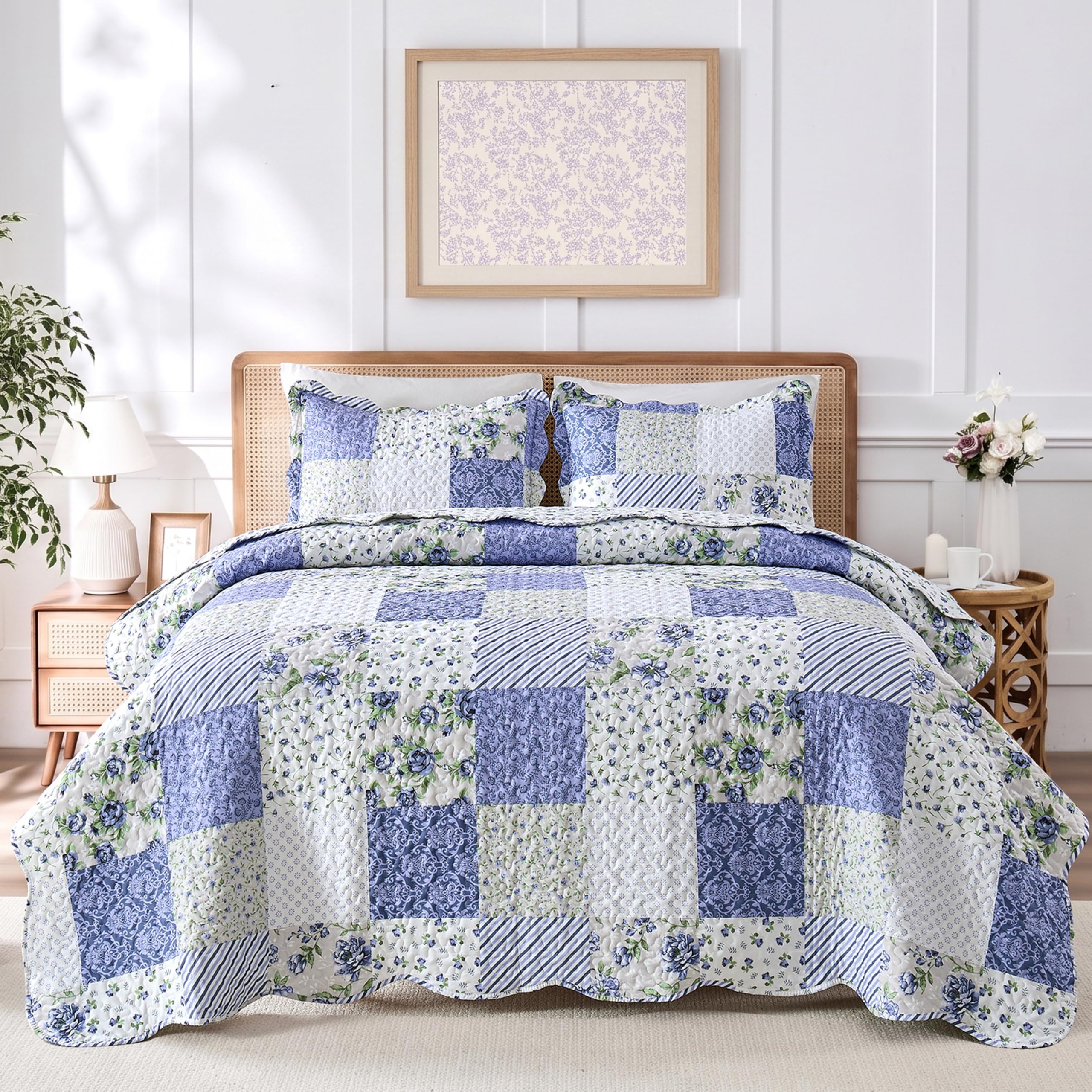 Qucover Quilted Bedspread Double Bed Throw Cover Purple Patchwork Quilt Set