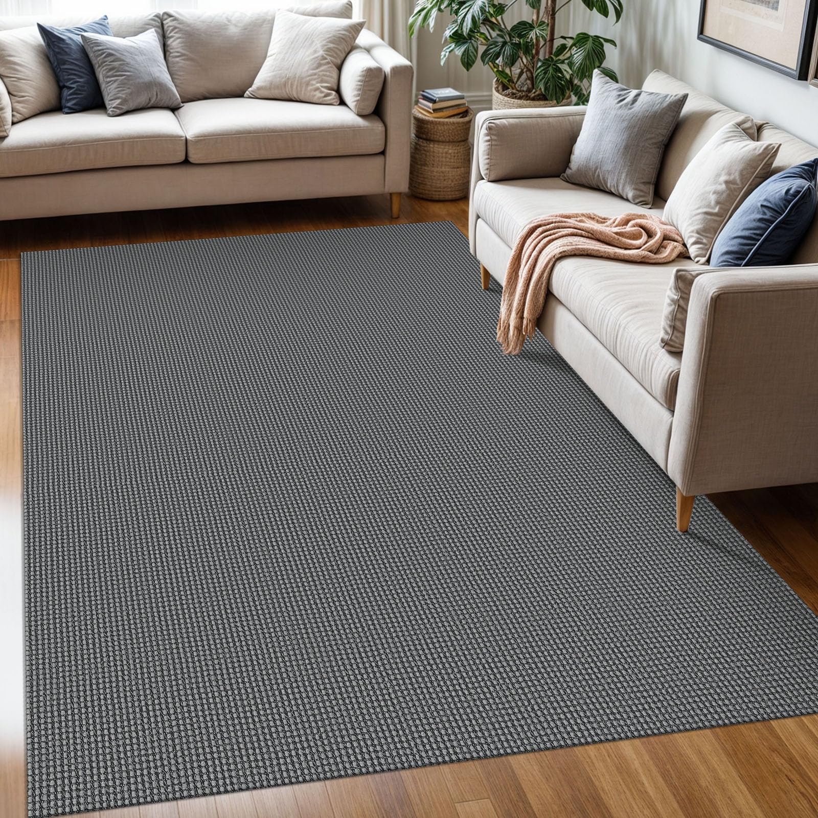 KOZYFLY Washable Area Rug 5x7 ft Rubber Backed Non Slip Rugs for Living Room Braided Cotton Bedroom Rug Woven Office Rugs Indoor Floor Carpets for Dining Bedroom Living Room, Grey/Dark Grey