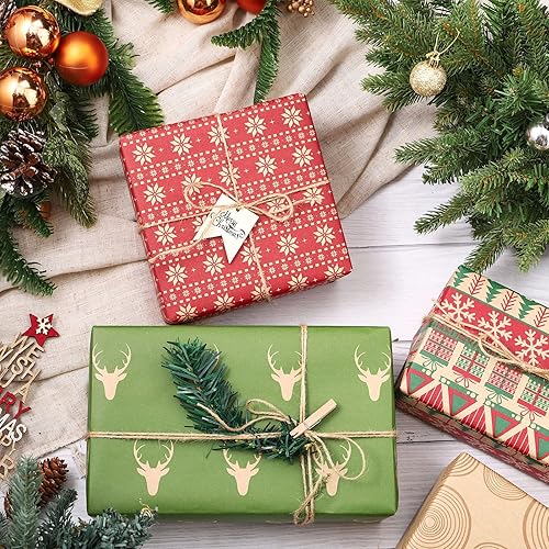 Miniatura 2 de RUSPEPA Papel de regalo de Navidad, papel kraft marrón con patrón rojo y verde para colección de elementos navideños, 6 rollos de 30 pulgadas x 10