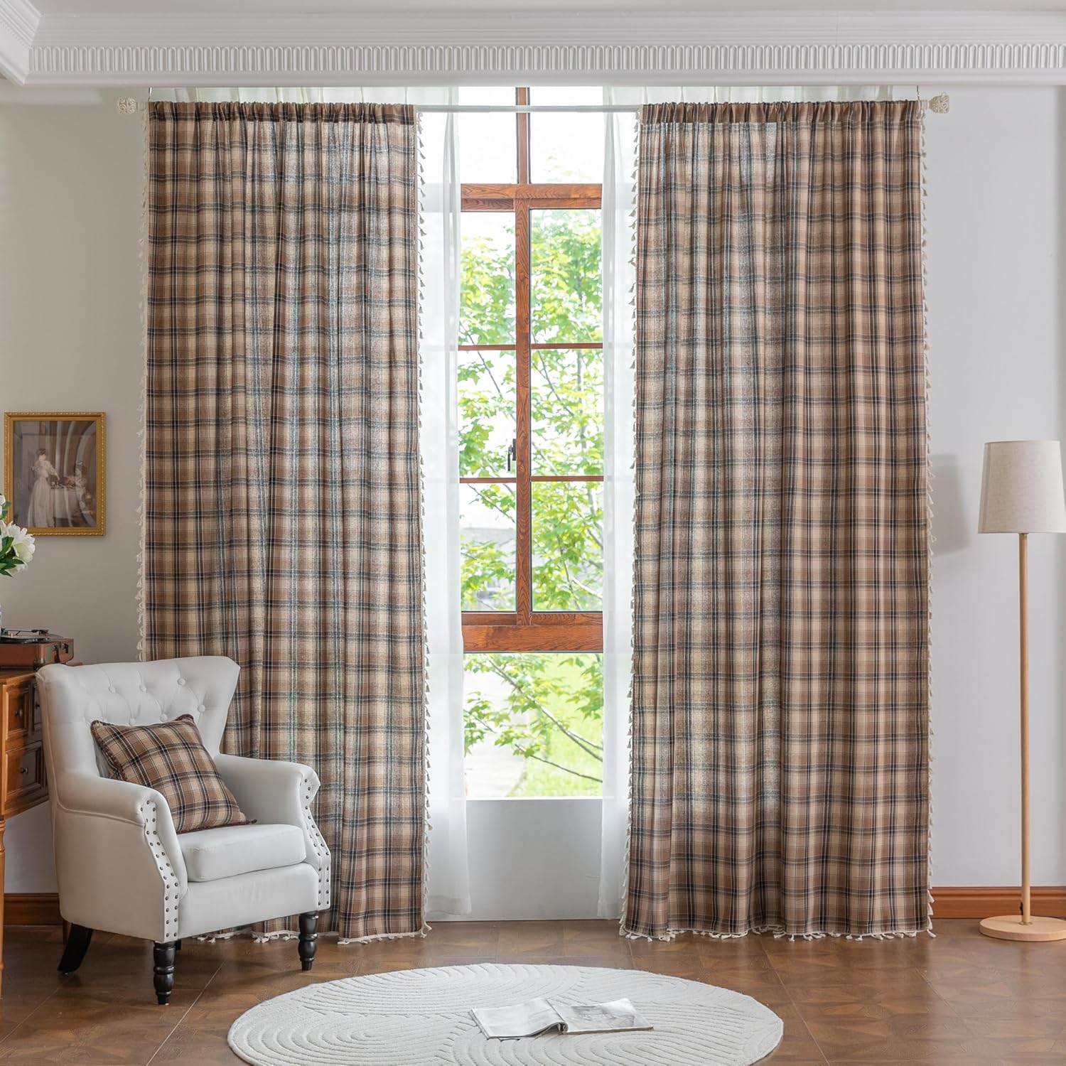 Plaid Curtains 63 Inch Length, Light Filtering Window Drapes with Rod Pocket and Handmade Tassels, 2 Panels, Tartan Curtains for Living Room Bedroom,Brown
