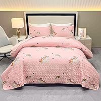 Vista 2 de Juego de edredón para niños, juego de ropa de cama tamaño Queen para niñas, juego de edredón de 3 piezas con diseño de unicornio rosa, arco iris
