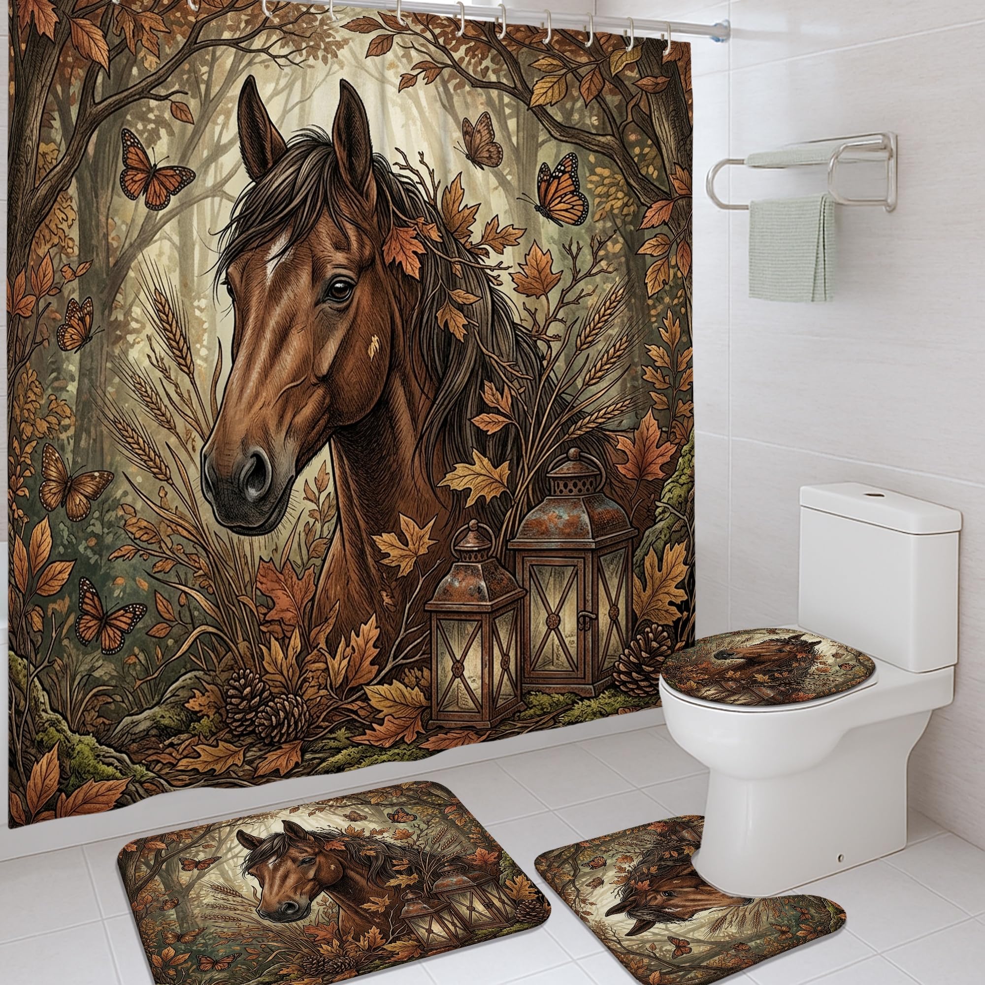 Rideau de douche et tapis pour chambre d'amis motif cheval et papillons