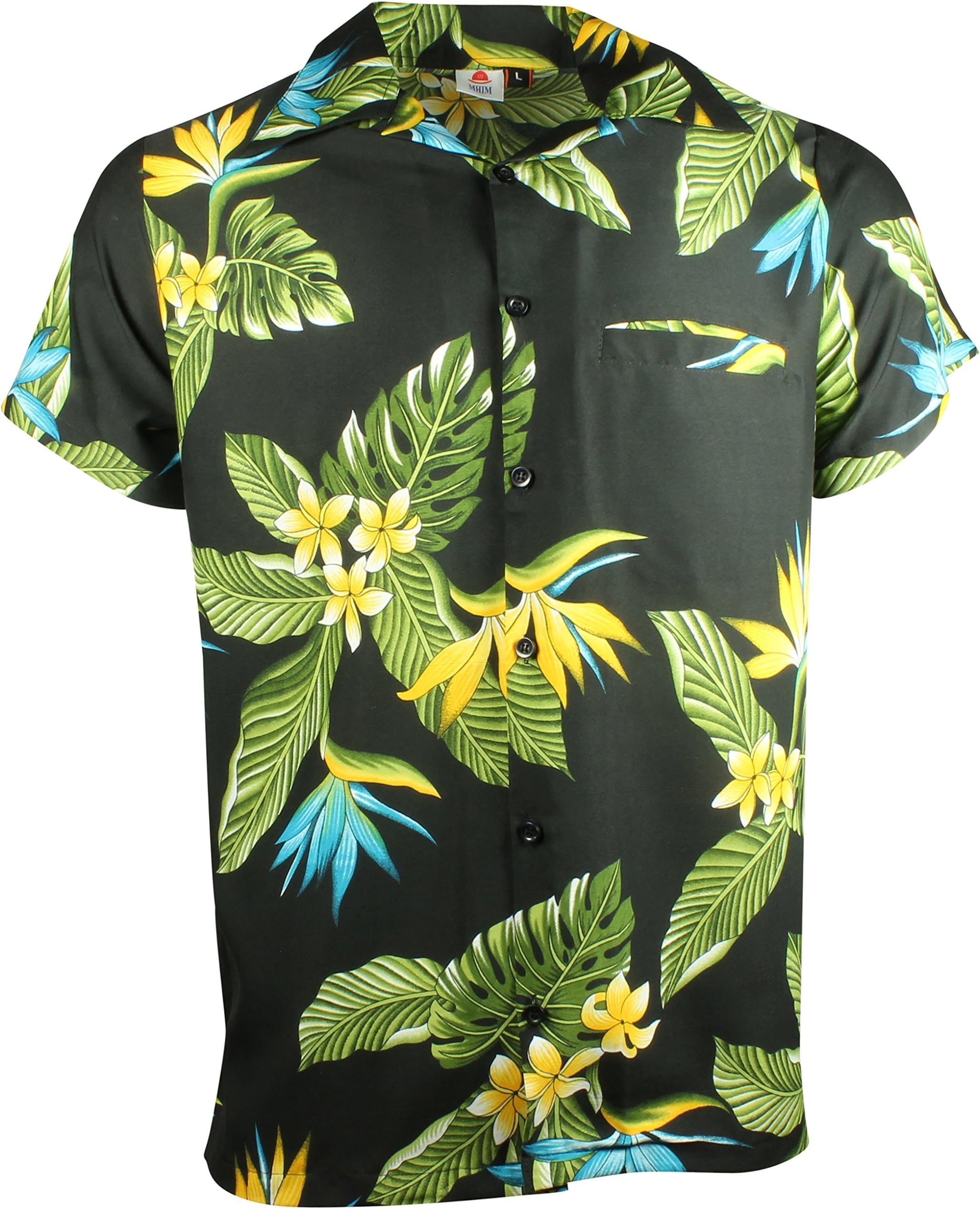 MHIM Black Floral Hawaiian Shirt with Green Leaf Yellow Flower