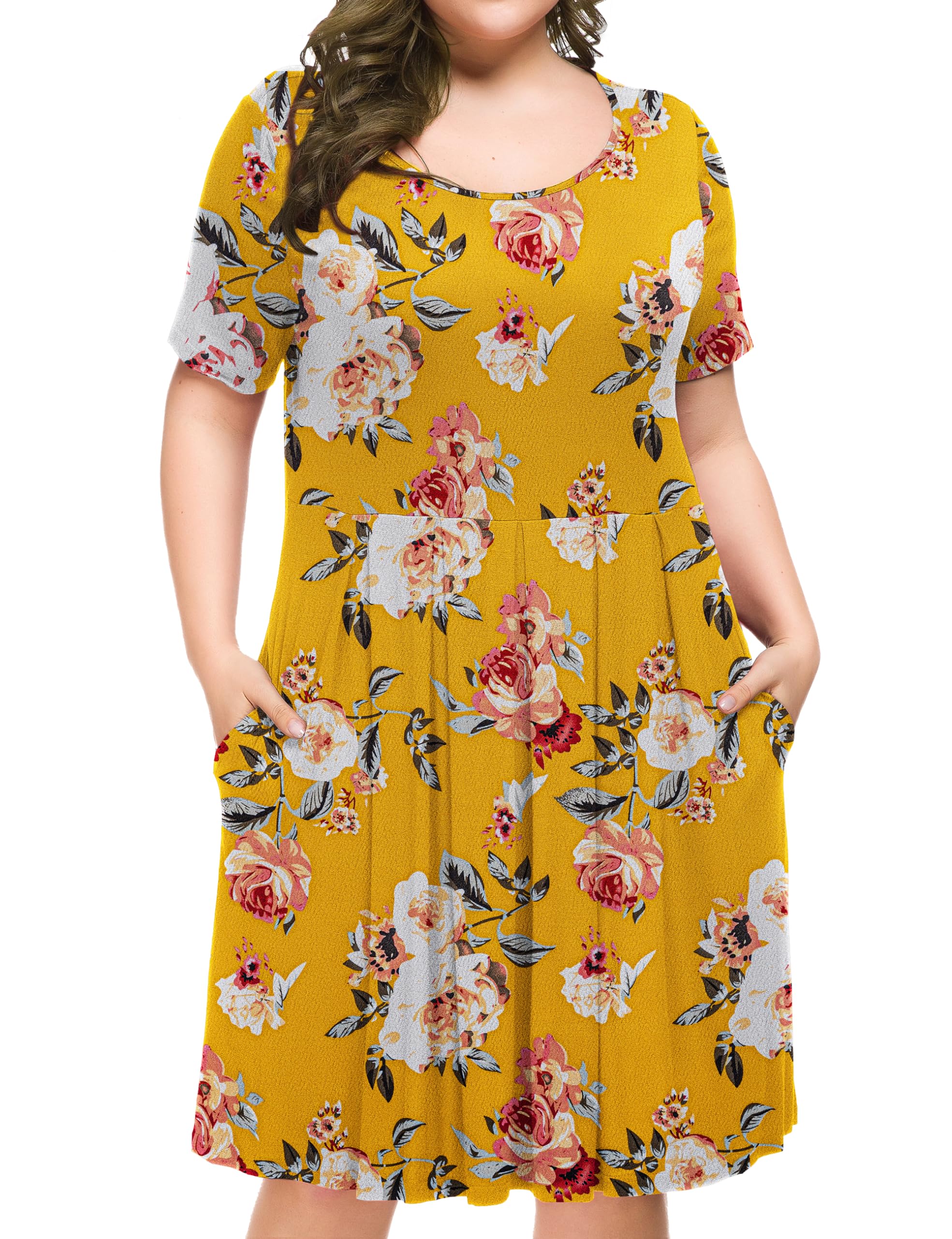 Condition photo showing New/Like New for Tralilbee Women's Plus Size Short Sleeve Dress Casual Pleated Swing Dresses with Pockets