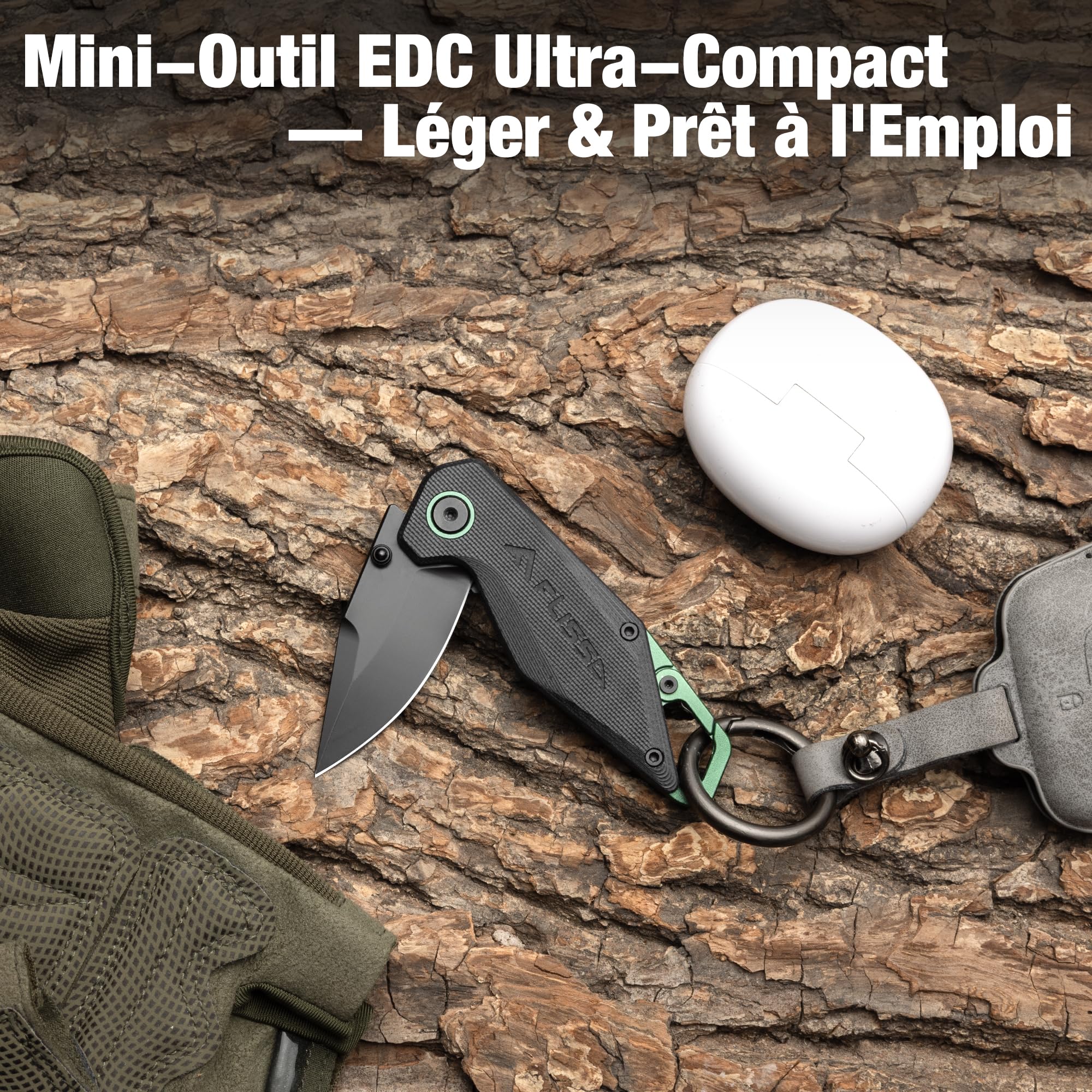 FLISSA Mini Couteau Pliant en Acier 14C28N avec Mousqueton Intégré (Usage hors Escalade), Couteau de Poche EDC (137 mm), Manche G10 Antidérapant, Idéal pour Camping, Randonnée et Quotidien