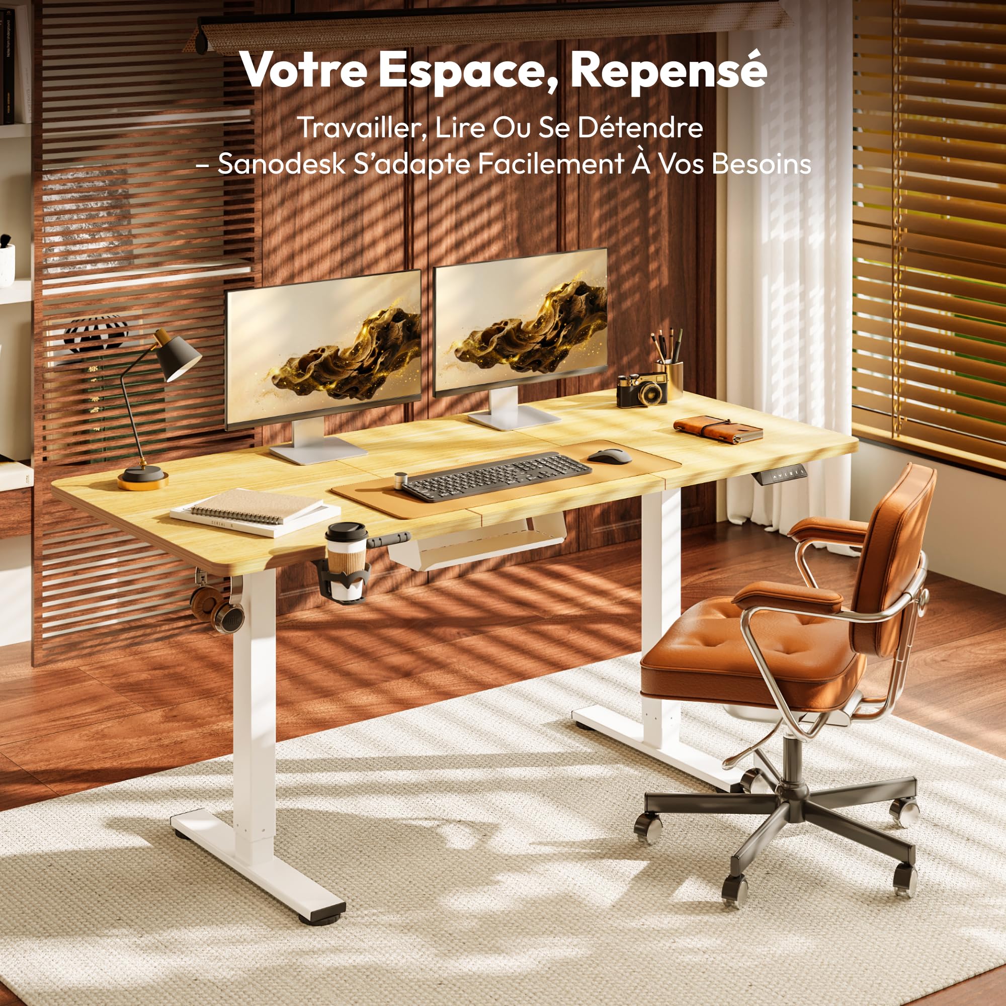 SANODESK Bureau Assis Debout Électrique 140x60 cm, Bureau Réglable en Hauteur Électrique avec Mémoire, Silencieux, Système Anti-Collision, Bureau Électrique Stable, Érable