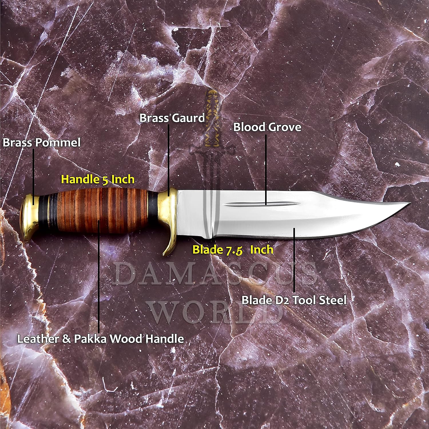 Fixed Blade Bowie Knife D2 Steel 12.5 inch | Hunting Knife, Leather Handle | Hunting, Skinning, Camping | Large Hunting Bowie Knive For Men KE-0548-HK