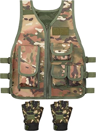 SATINIOR Chaleco táctico para niños, chaleco de combate del ejército al aire libre con medio dedo, guantes cortos transpirables