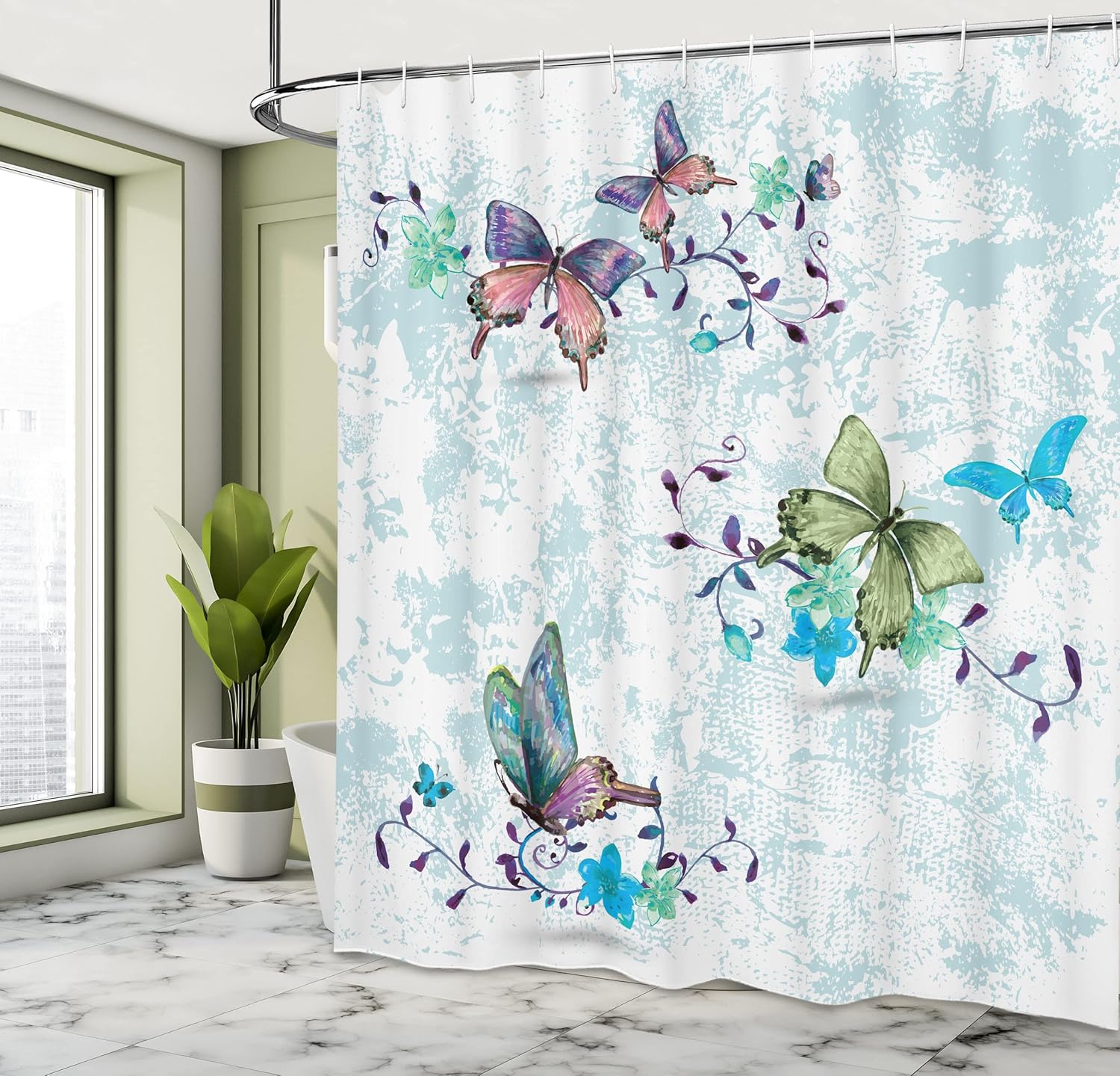 Ambesonne Butterfly Shower Curtain, Springtime Flying Moths on Vintage Style Background Wings Transformation, Cloth Fabric Bathroom Decor Set with Hooks, 69" W x 70" L, Pale Seafoam