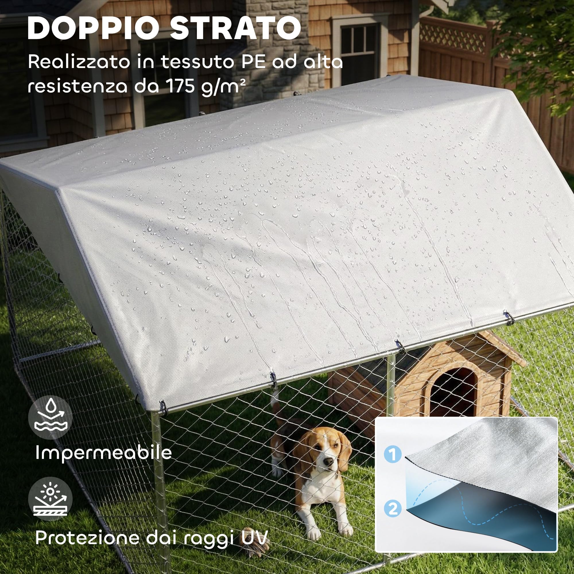 PawHut Kennel Gabbia per Cani da Esterno Grande, Box Recinto per Cani con Tetto Anti-UV Impermeabile Rimovibile, Porta Reversibile, Doppia Chiusura Antifuga, in Acciaio Zincato, 230x230x170cm, Argento