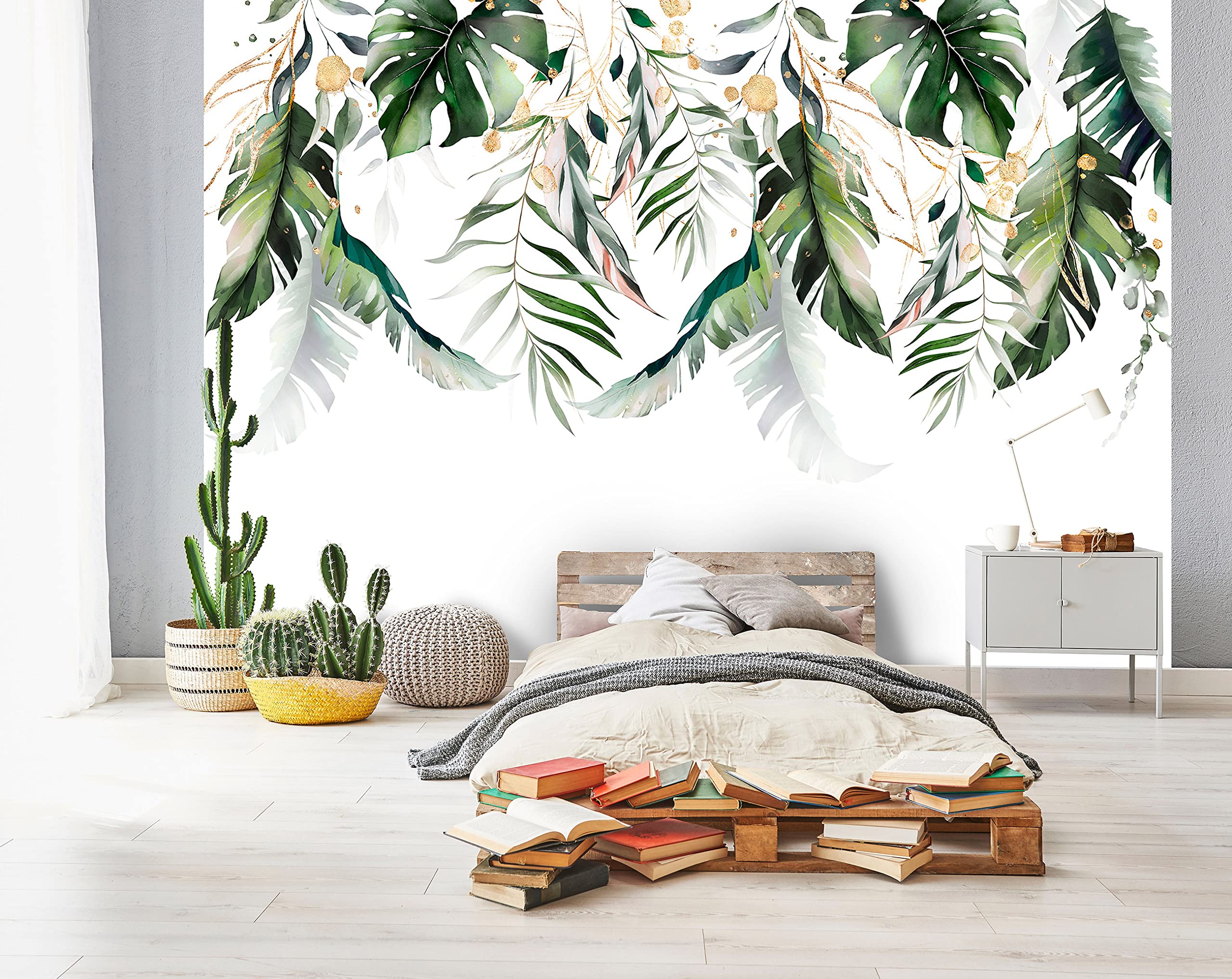 Fototapeta z liście, zielono-złota, monstera, roślina liście, do salonu, sypialni, tapeta ścienna, nowoczesna tapeta z włókniny, druk lateksowy, odporna na działanie promieni UV, gotowa do montażu (14128, V8 (368 x 254 cm) 4 pasy)