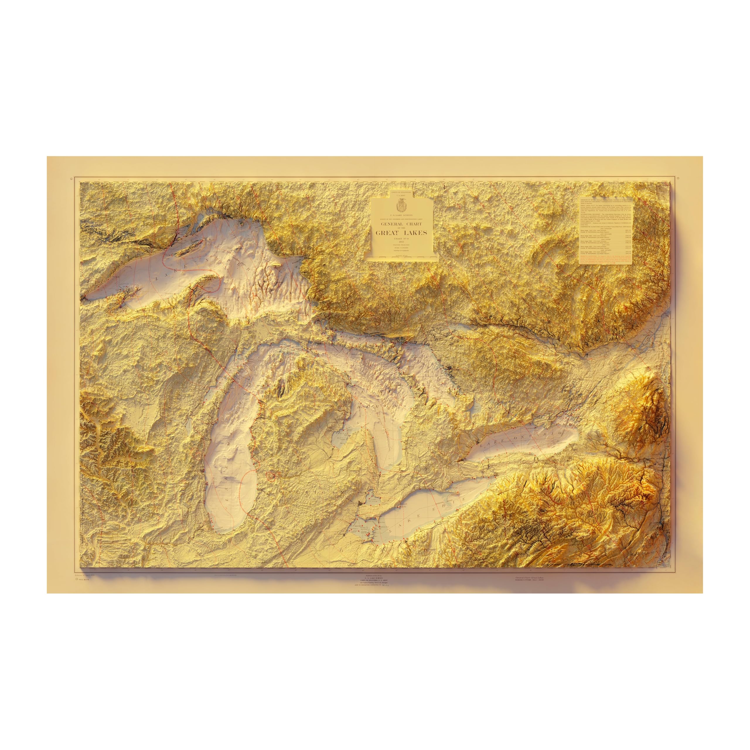 Muir Way Great Lakes 1955 Shaded Relief Map - Flat 2D Paper Print - Shaded 3D Illusion - Gallery Quality Fine Art Paper & Inks - 100% Cotton &