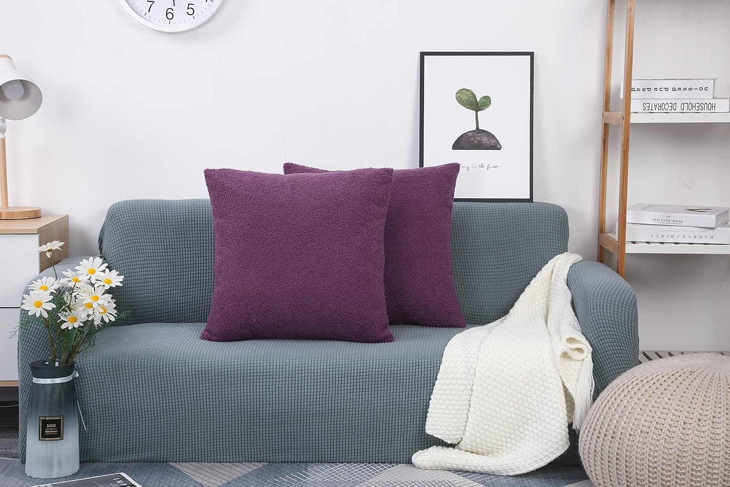 TangDepot Pack of 2 Luxury Faux Shearling Fluffy Throw Pillow Covers, Square Pillow Covers, Euro/European Shams - (24"x24" 2 Pieces, A26 Purple)