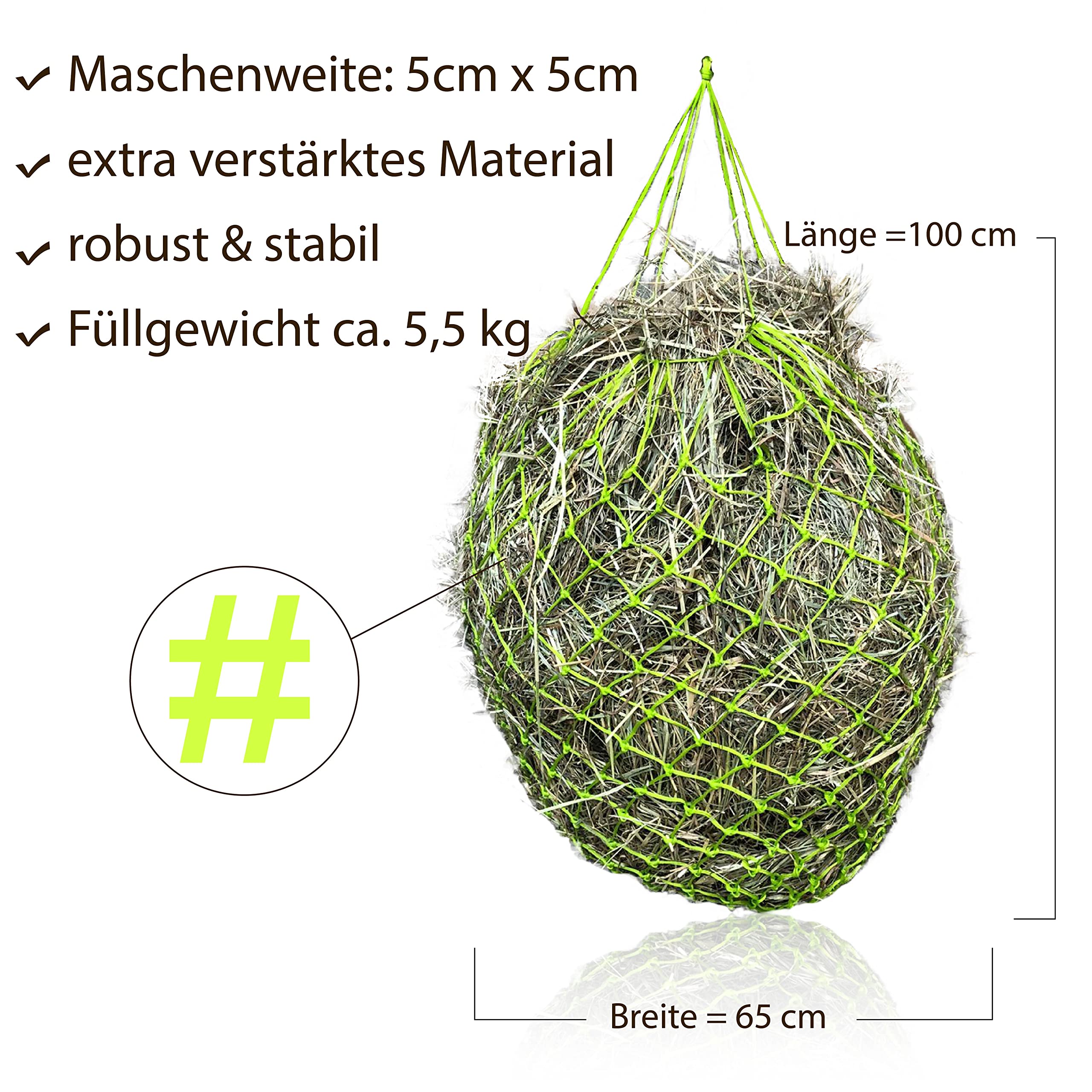 Filet à foin extra large pour chevaux - 5 x 5 cm - Mailles adaptées à l'espèce - Pour les déplacements - Sac à nourriture pour poney, jeunes chevaux, vieux chevaux, chèvres (2 x vert clair)