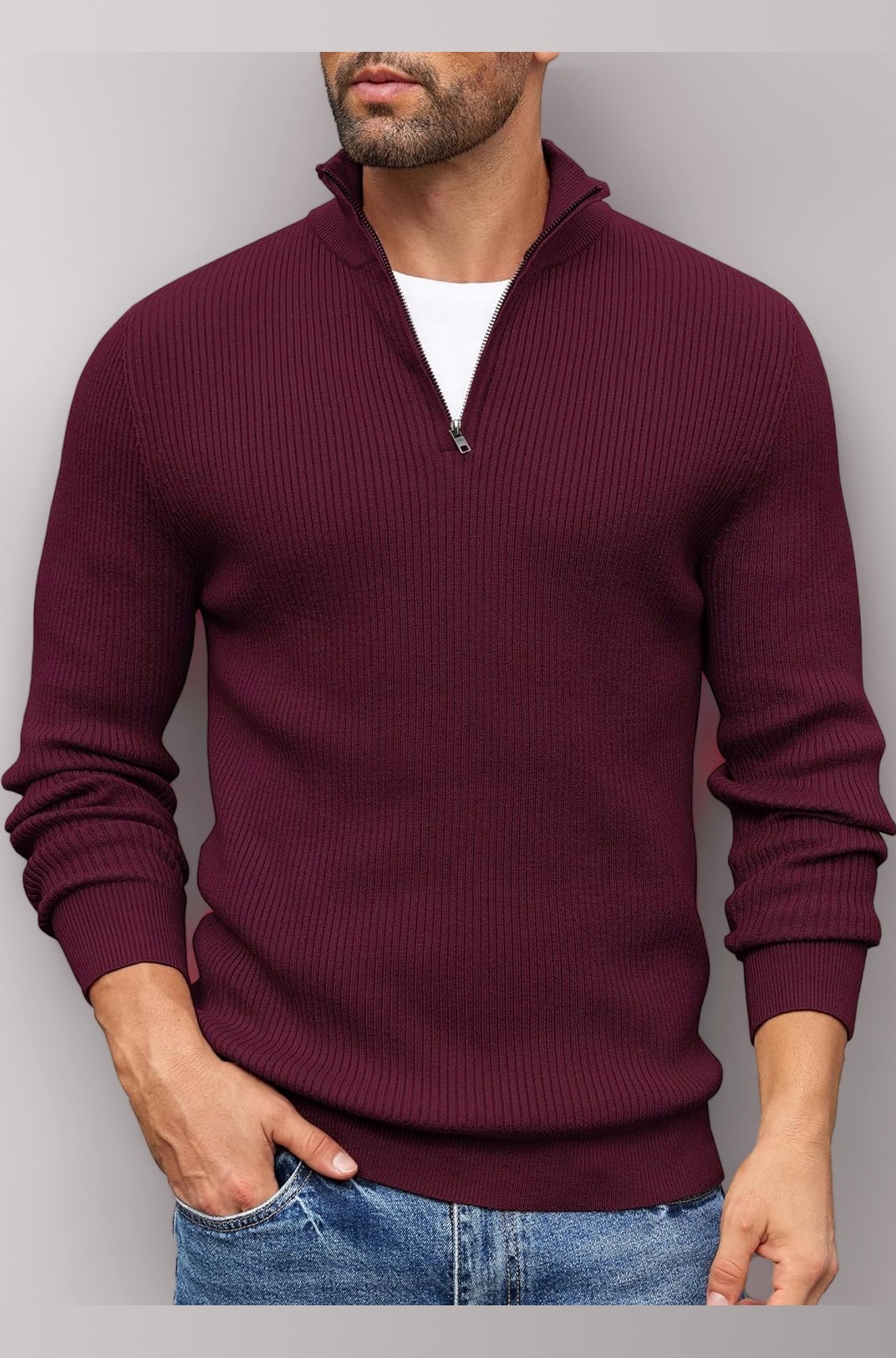 Men High Neck Zipper Full Sleeve Cotton Knitted Winter Sweater for Man