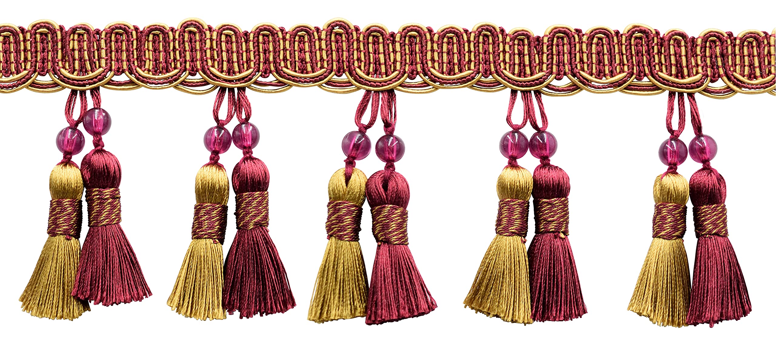 Passementerie frange à pompons bordeaux doré rouge 10 cm galon ameublement 12.8m