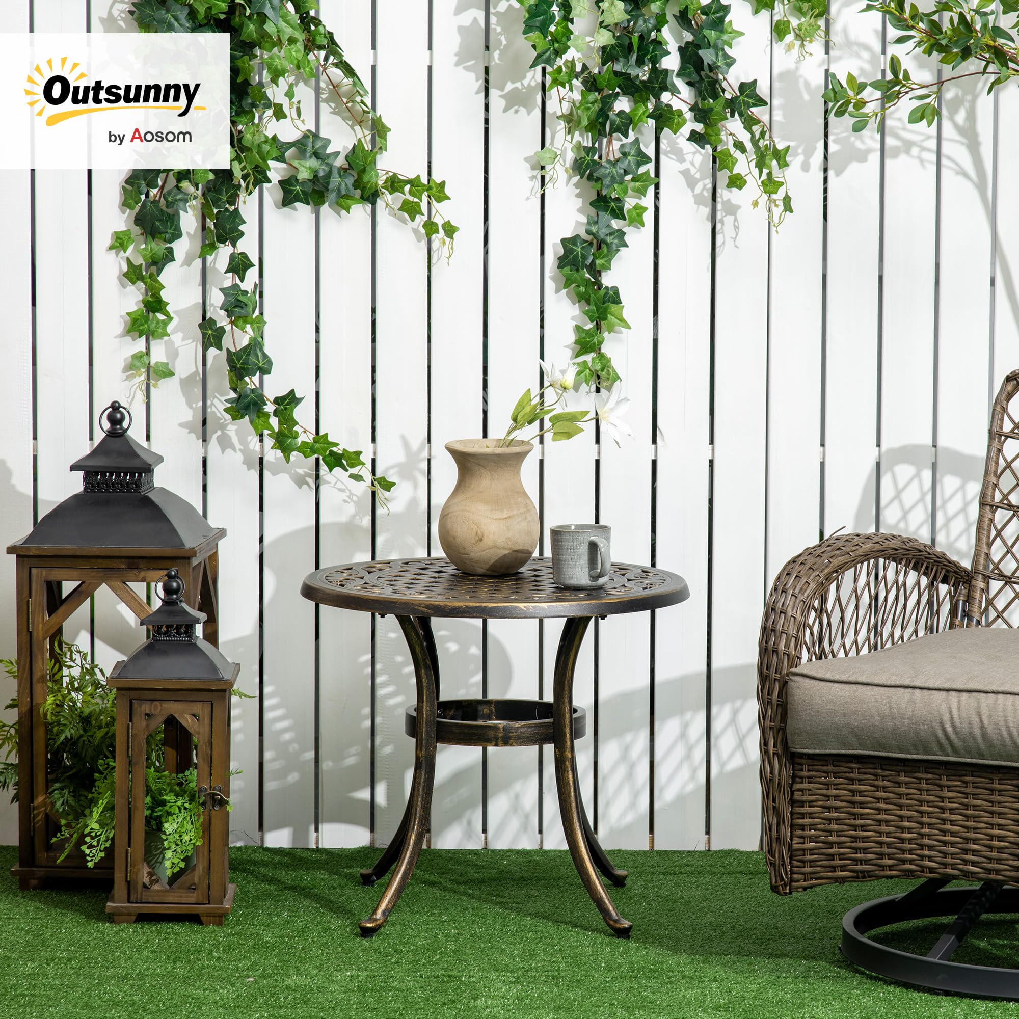 Outsunny Beistelltisch Garten mit Gussaluminiumrahmen Ø60x52,5H cm Bronze | Wetterfester Gartentisch, Runder Balkontisch, Kaffeetisch, 60kg Belastbar, Sofatisch, für Outdoor Indoor Balkon Terrasse