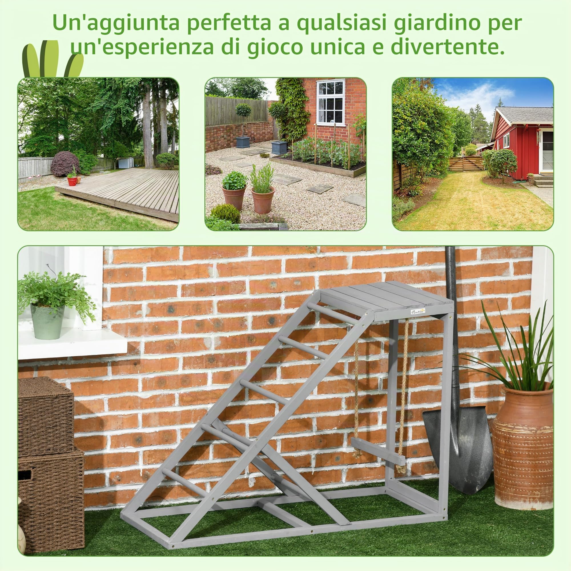 PawHut Posatoio in legno per galline, area giochi in legno per galline con altalena, scala, piattaforma, zona naturale per, 96 x 40 x 71 cm, grigio