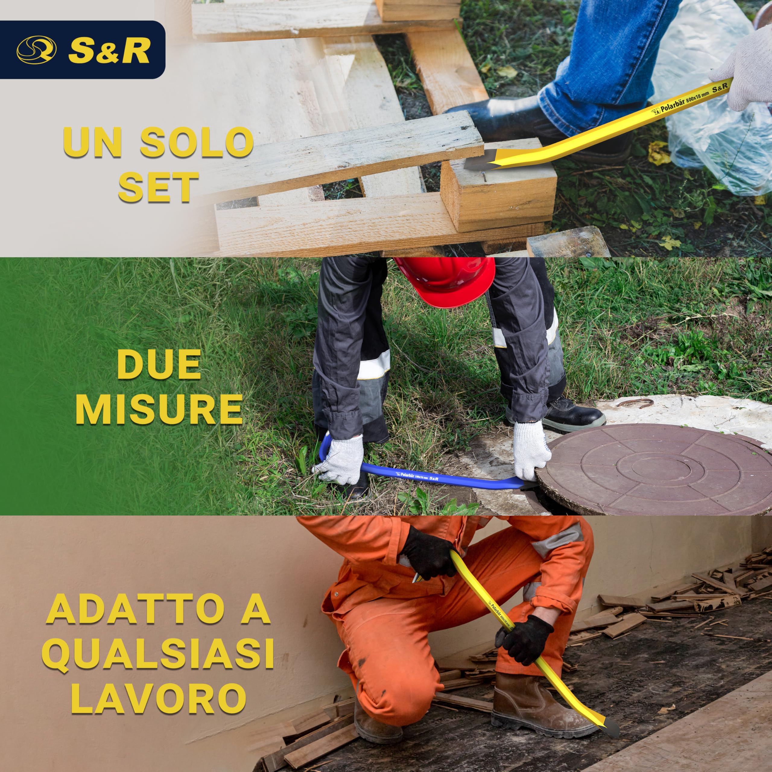 S&R Set di 2 Piedi di Porco Professionali 50 Cm e 80 Cm. Levachiodi per Bancali Piccolo e Lungo in Acciaio Temprato Ideali per Demolizioni, Smontaggi e Ristrutturazioni. Blu e Giallo.