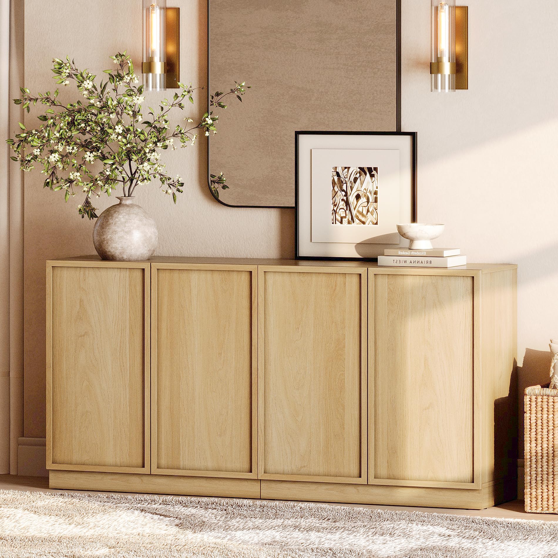 WAMPAT 63" Modern Sideboard Buffet Cabinet with 4 Doors, Multifunctional Sideboard with Large Storage and Adjustable Shelf, Coffee Bar Cabinet Storage Cabinet for Kitchen, Living Room, Oak