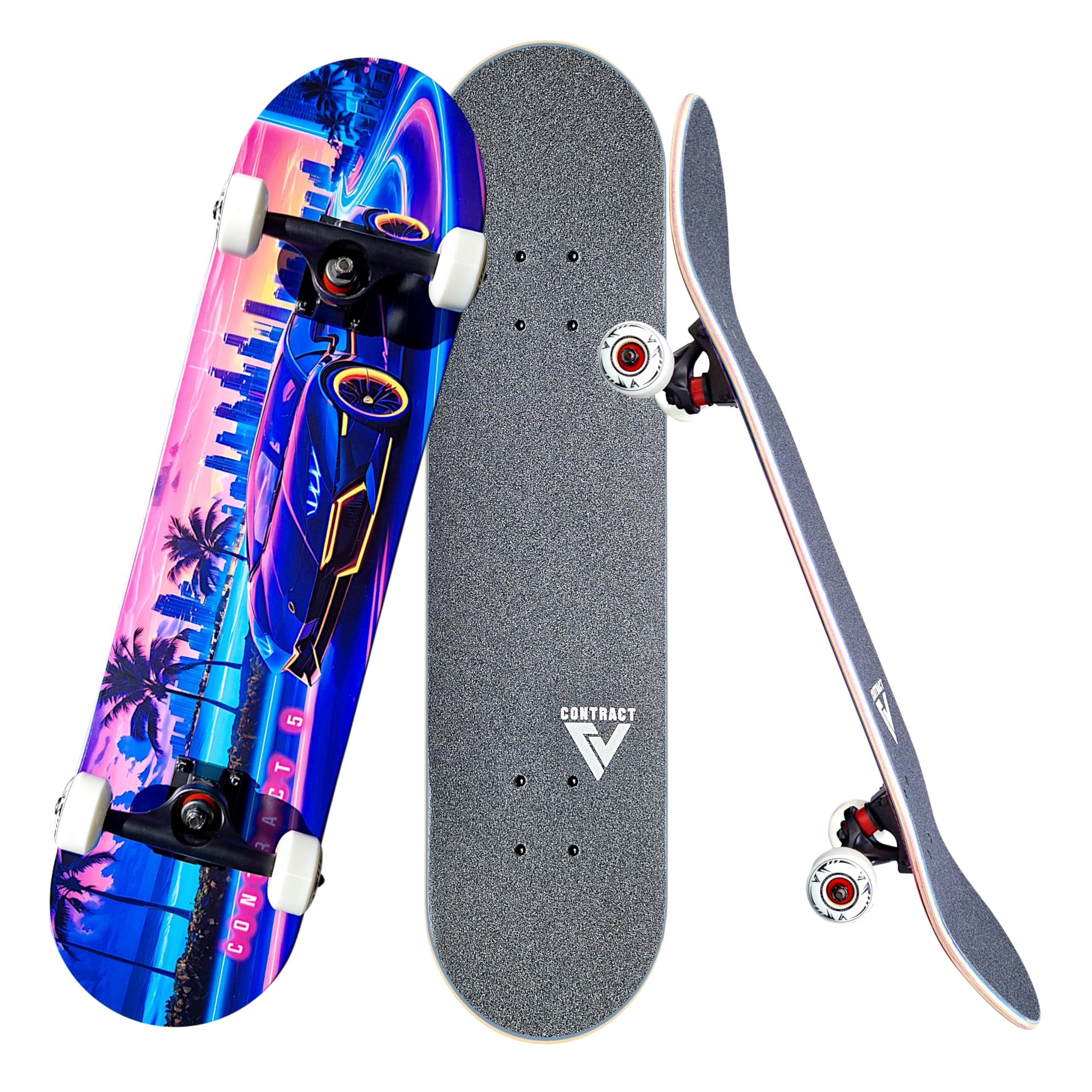 Komplett Skateboard Miami Boulevard - für Kinder und Jugendliche - 7-lagiges Ahornholz Deck - Medium Concave Standard Popsicle Shape - für Anfänger, Profis, Mädchen & Jungs