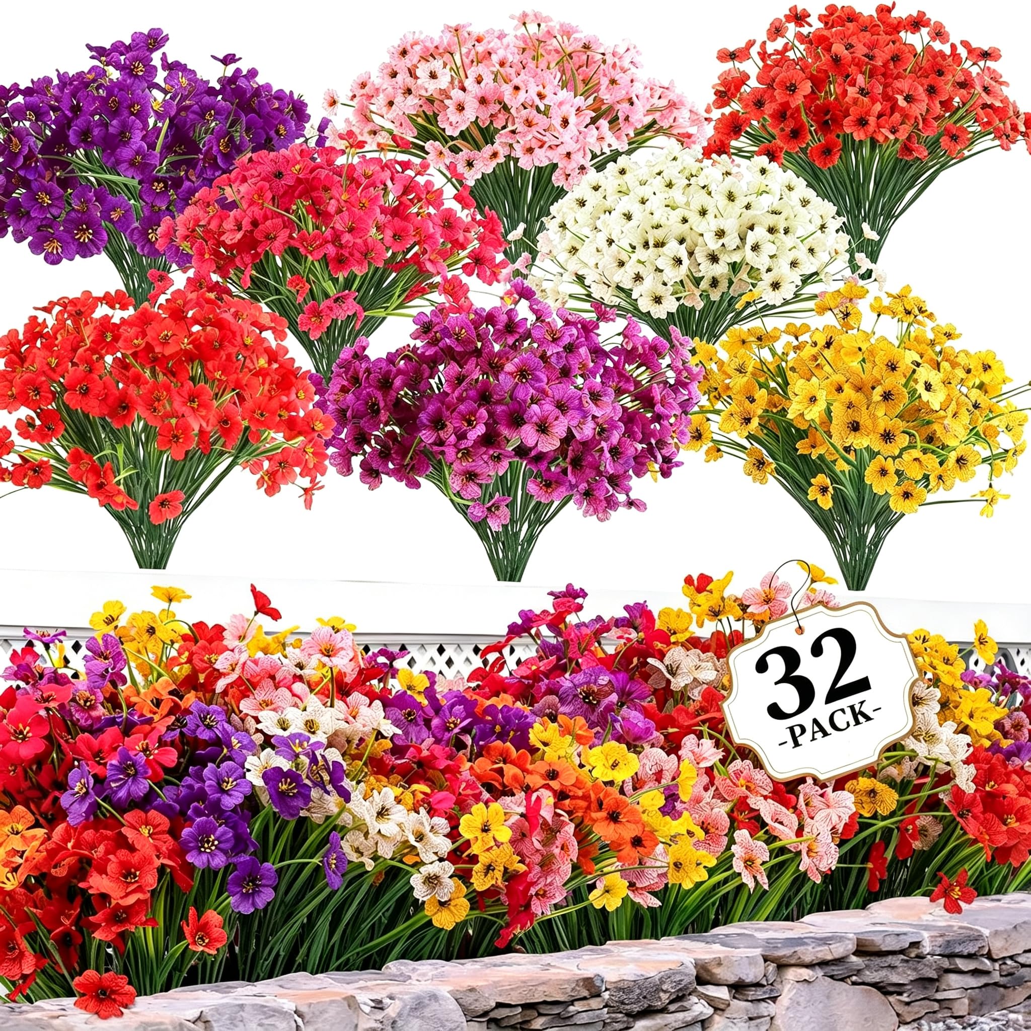 32 Bundles Artificial Flowers for Outdoor,8 Colors No Fade Fake Plastic Silk Flowers Faux UV Resistant Plants for Indoor Outside Garden Porch Hanging Planters Decor (Multicoloured)