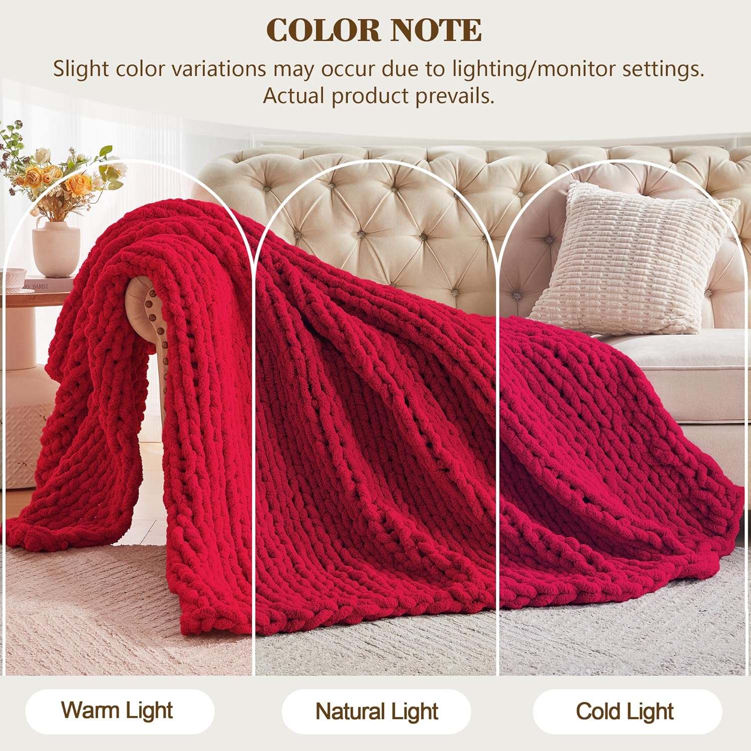 Carriediosa Chunky Knit Throw Blanket 60" X 80" Twin, 100% Hand Made Large Chenille Loop Yarn Soft Fluffy Throws for Couch Sofa Bed, Big Crochet Cozy Heavy Thick Cable Woven Blankets, Red - Image 2
