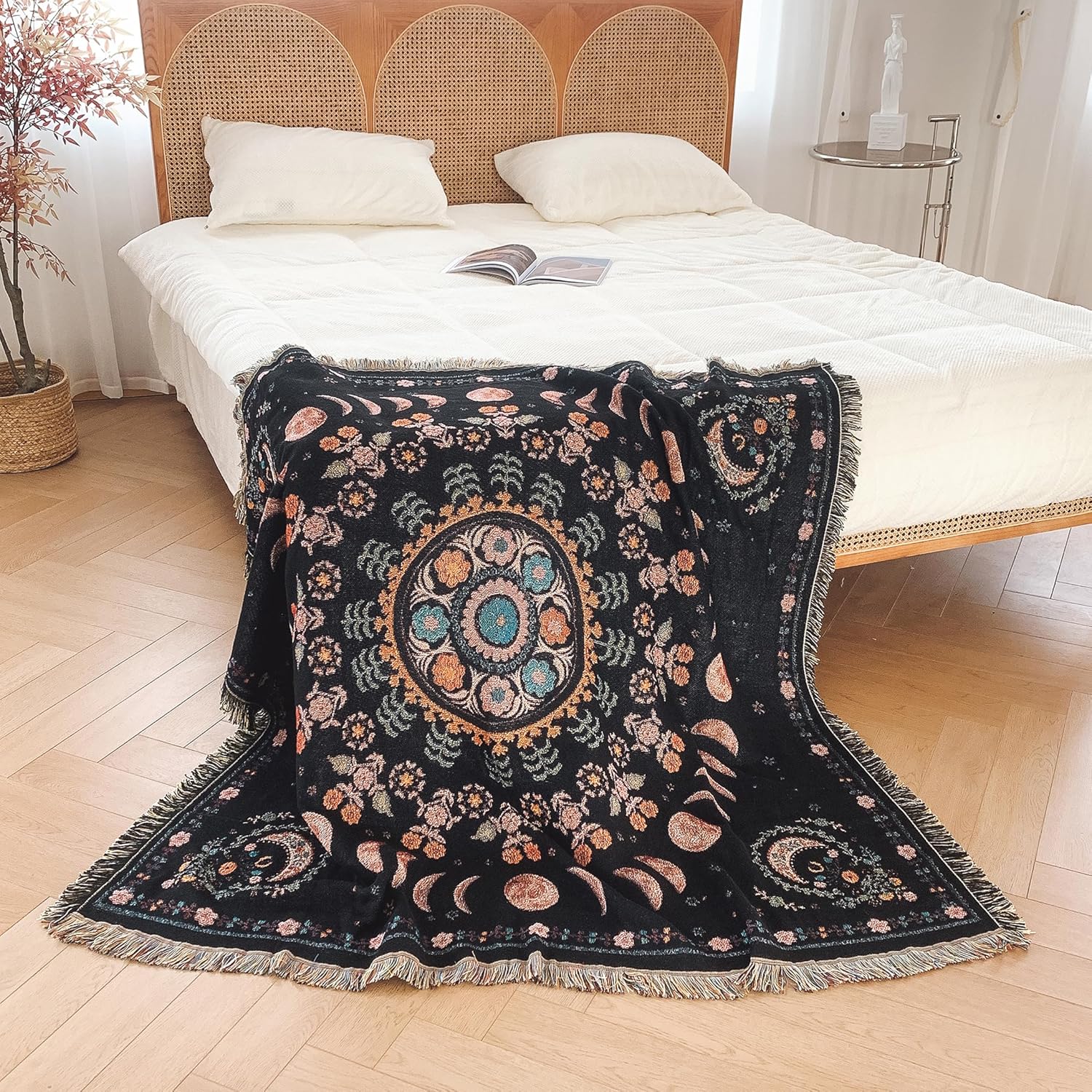 Boho Throw Blanket Reversible Cotton Bohemian Tapestry Hippie Room Decor Double Sided (Lunar Eclipse Black 50"x60") - Image 3