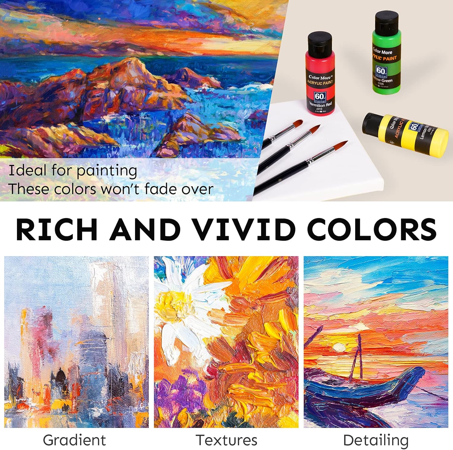 Acrylic Paint Set 48 Colors(2oz /60ml) with 12 Brushes,Rich Pigmented, Premium Acrylic Paints for Canvas Wood Glass Rock Leather Painting, Art Craft Paint Supplies : Tools & Home Improvement