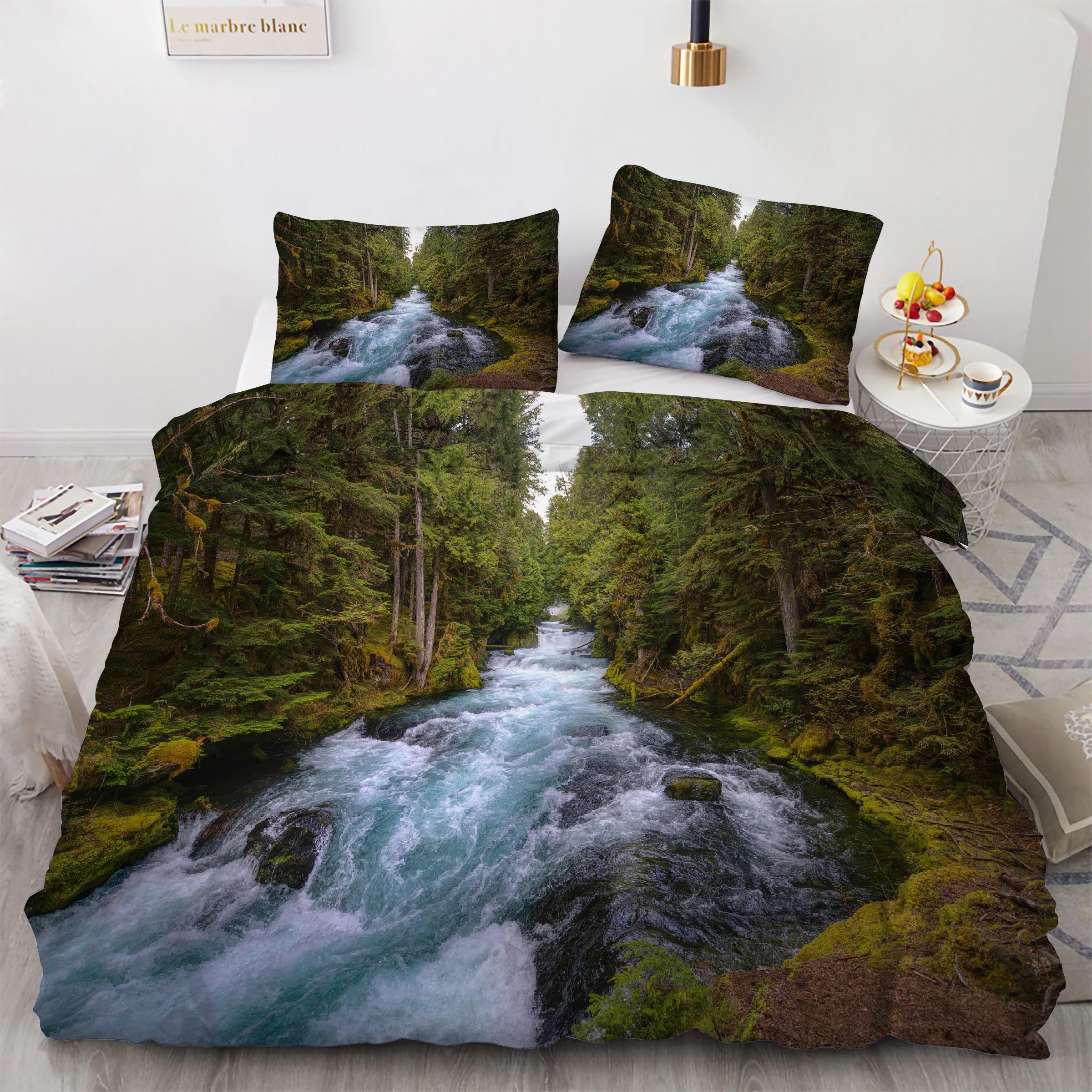 Parure de lit 90x190 forêt avec housse de couette ruisseau microfibre et 2 taies d'oreiller